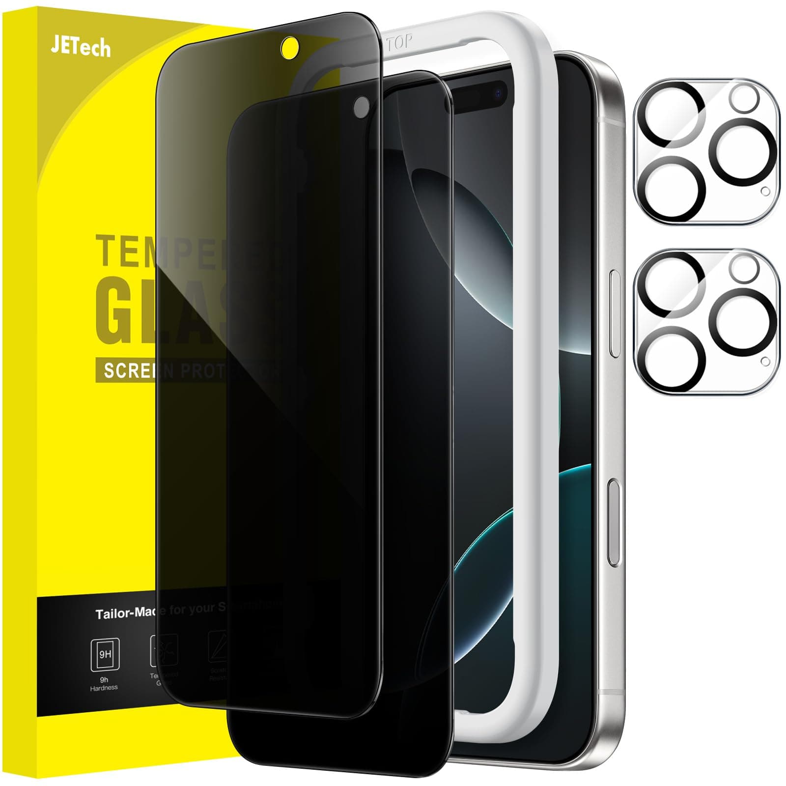 JETech Sichtschutz für iPhone 16 Pro 6,3 Zoll mit Kameraschutz, Anti-Spy Gehärtete Glas Schutzfolie, Einfaches Installationswerkzeug, 2 Stück Jeweils
