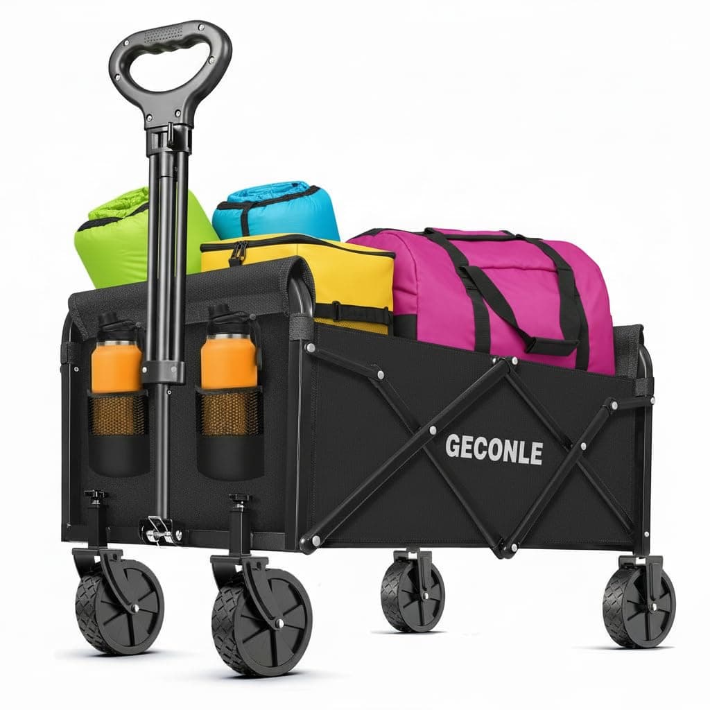 Carrello Pieghevole su Ruote, 100L 100KG Carrello Trasporto Con Ruote Rimovibili Braccioli Regolabili e Sacchetti per Tazze, Trasportatore da Picnic per Festival Shopping Campeggio Giardino