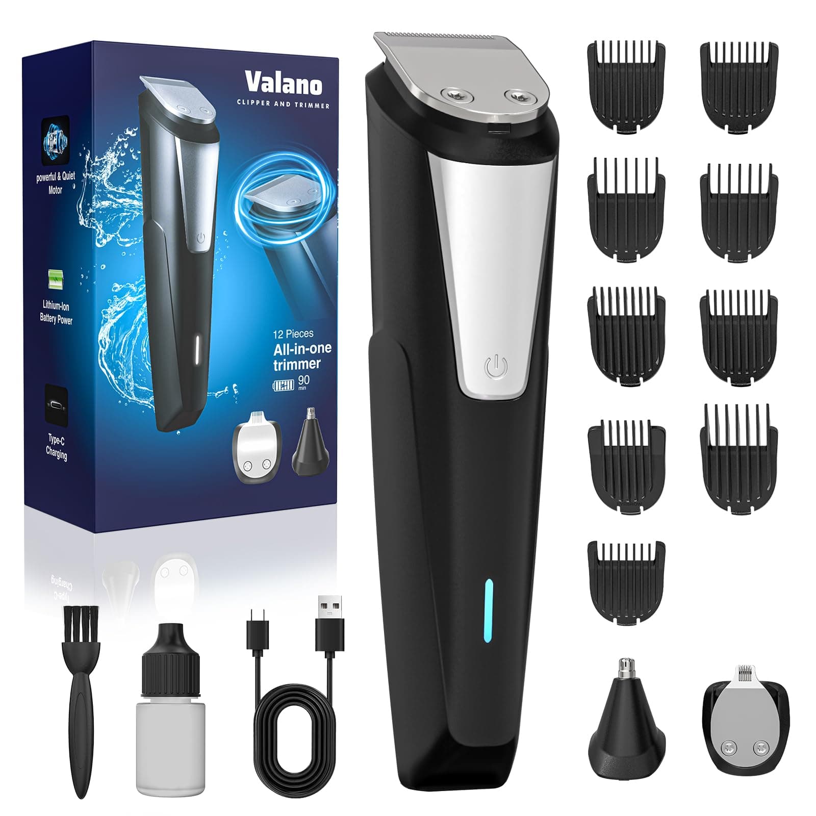 Valano Tondeuse Cheveux Hommes, Tondeuse Barbe Homme Charge USB, Tondeuse à Nez, Tondeuse Cheveux Professionnelle de Précision Kit 3 en 1 avec 9 Accessoires de 1 à 16 mm