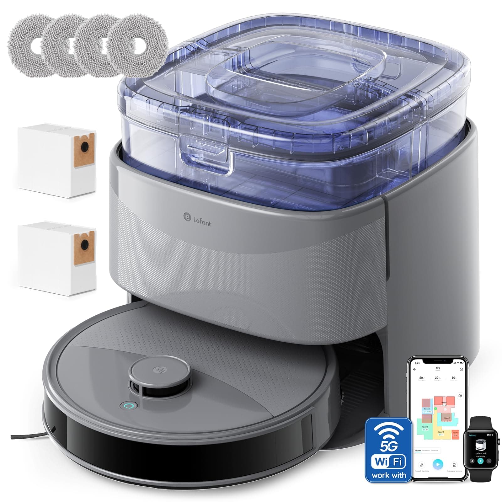 LEFANT M3 Max Robot Aspirador y Fregasuelos, Todo-en-Uno 20000 Pa, 210min, Auto-Vaciado 3,2L, Auto-Lavado/Secado Mopa, dToF Navegación Láser, Evita Obstáculos, WiFi/Alexa/App/i Watch, 2.4G & 5GHz WiFi