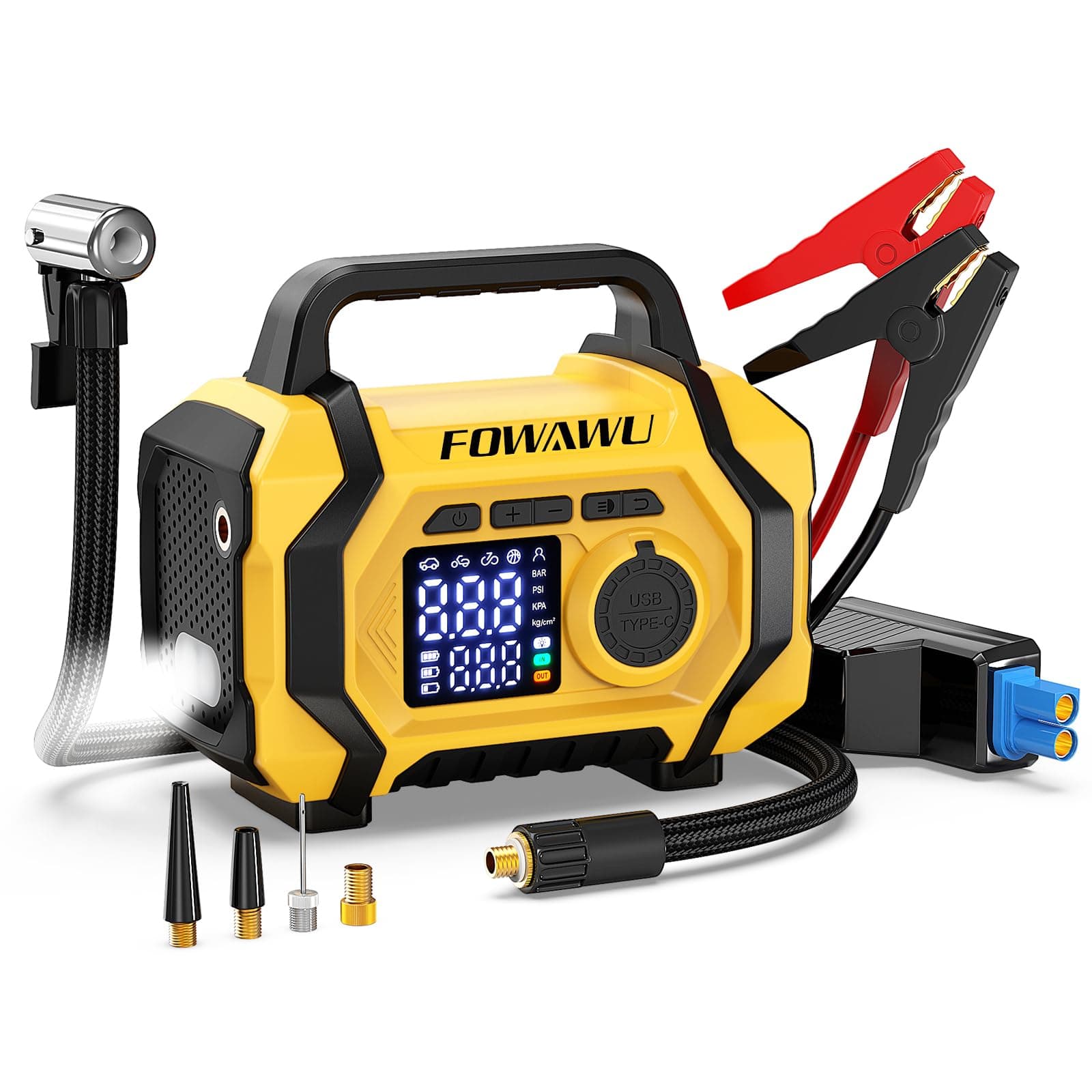 FOWAWU Arrancador de Baterias con Compresor de Aire 9 en 1, Arrancador de Baterias 8000A 26800mAh(hasta All Gasolina/10 L Diesel), Compresor Aire 150psi Parada Automática