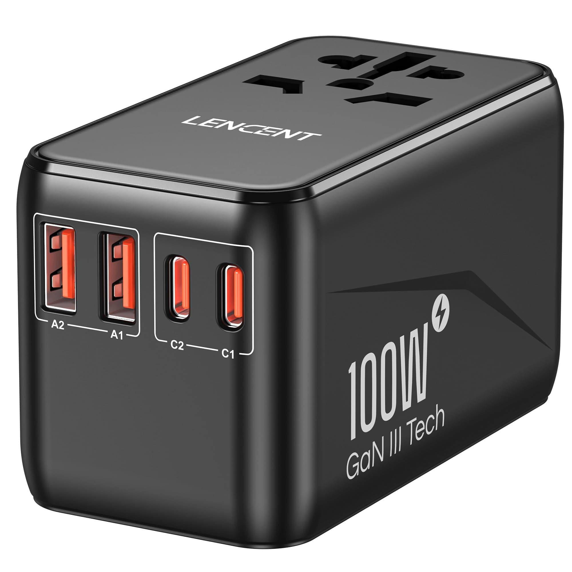 LENCENT Adaptador Enchufe Universal GAN III 100W, Cargador Internacional con 2 QC4.0 USB-A y 2 PD3.0 USB-C PPS Carga Rápida, Adaptador de Viaje para Móviles, Tabletas, Portátil, Tipo A/C/G/I, Negro