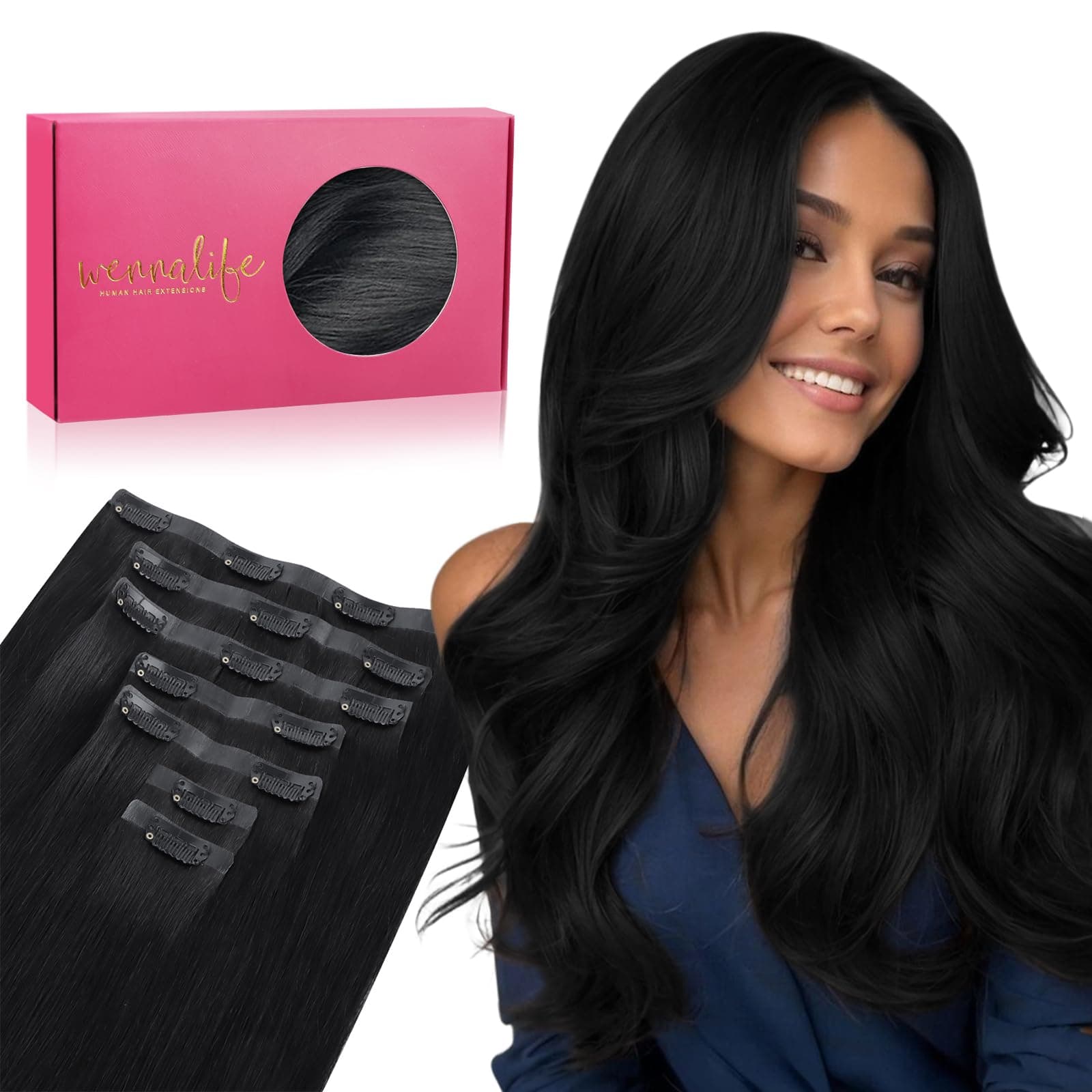 Wennalife Extensiones de cabello con clip sin costuras, 35 cm, 130 g, 7 unidades, color negro azabache, cabello humano natural de Remy con clip, trama invisible de piel sintética