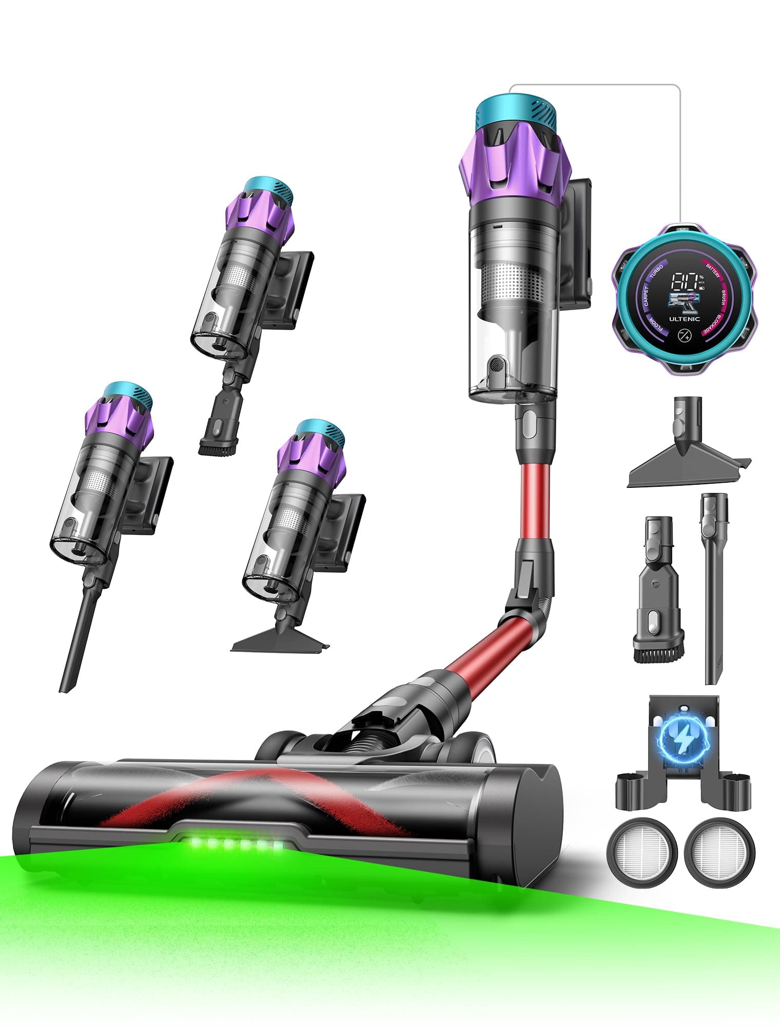Ultenic Akku Staubsauger 55000Pa/600W/80Min, 1,6L Staubsauger Kabellos mit Multi-Zyklon-Filtration, Touchscreen, Anti-Tangle-Bürste, Wandladestation, Selbststehend,für Tierhaare/Teppiche/Hartböden,Rot