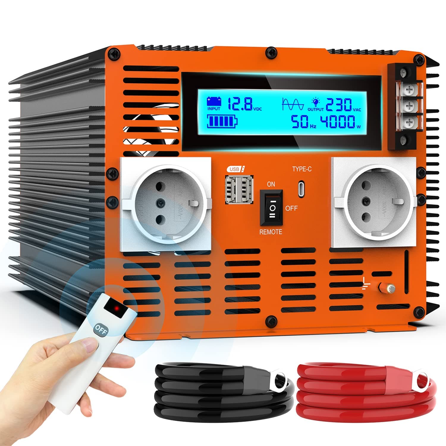 Convertisseur 12V 220V Pur Sinus 4000w Onduleur Transformateur Onde Sinusoïdale Pure avec Télécommande & écran LCD & 2 Prises EU & 2 Ports USB 3,4 A & Port de Type C pour RV Voiture de Camion