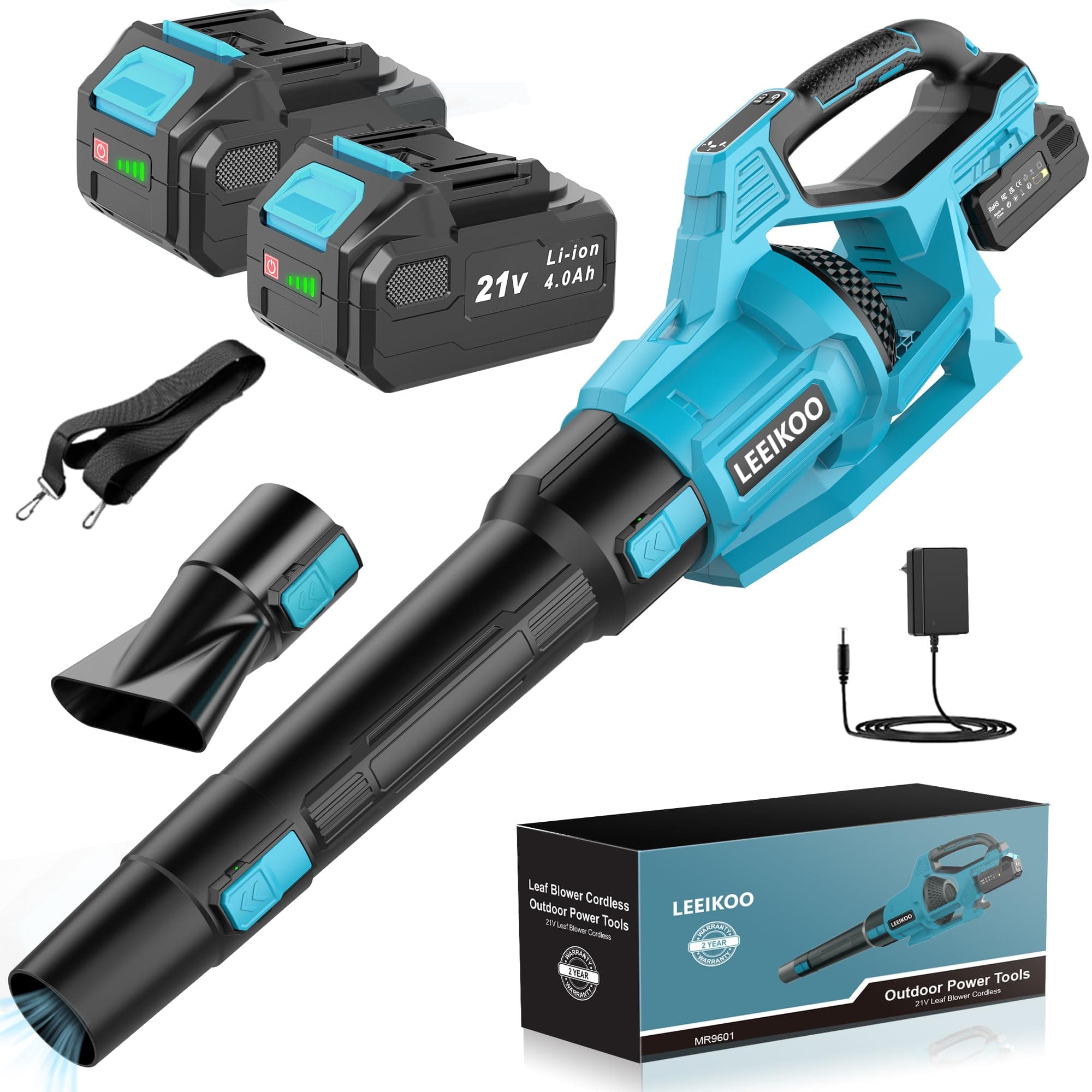 LEEIKOO Soplador de Hojas, Soplador Bateria 21V con 2 Baterías de 4.0Ah, 3 Ajustes de Velocidad, 2 Tubos de Soplado, Correa para el Hombro para Soplar Hojas, Nieve, Polvo y Residuos