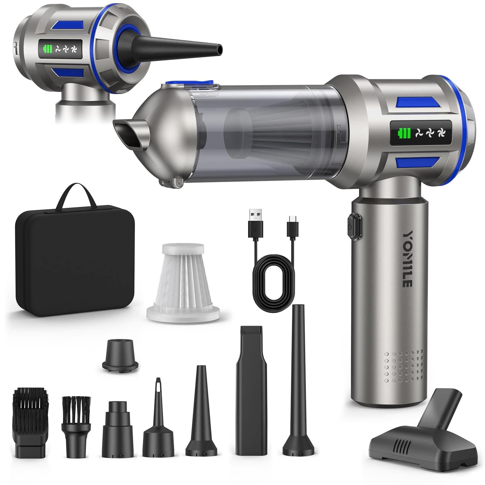 Yomile Aspirador de Mano, 27000Pa/120W, Aspiradora sin Cable Coche 4 en 1, Aspiradoras de Mano con Motor sin Escobillas de 250.000 RPM, para Coche/para Uso en la Oficina/la Cocina