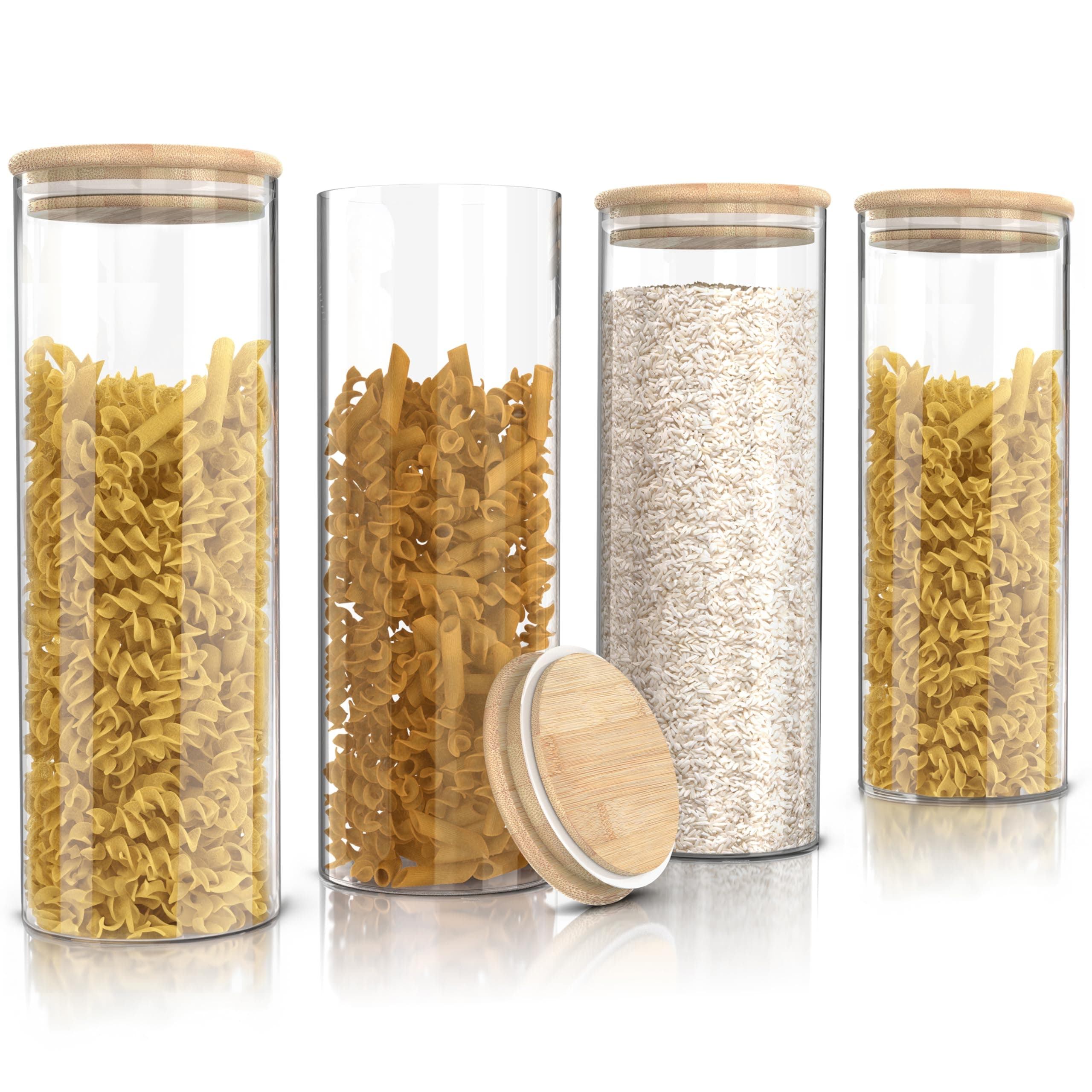 Arendo - Vorratsgläser mit Deckel - 4er Set - Behälter aus Glas – hitzebeständig – Vorratsdosen mit Bambusdeckel - luftdicht - für Müsli Zucker Mehl Kaffee Reis