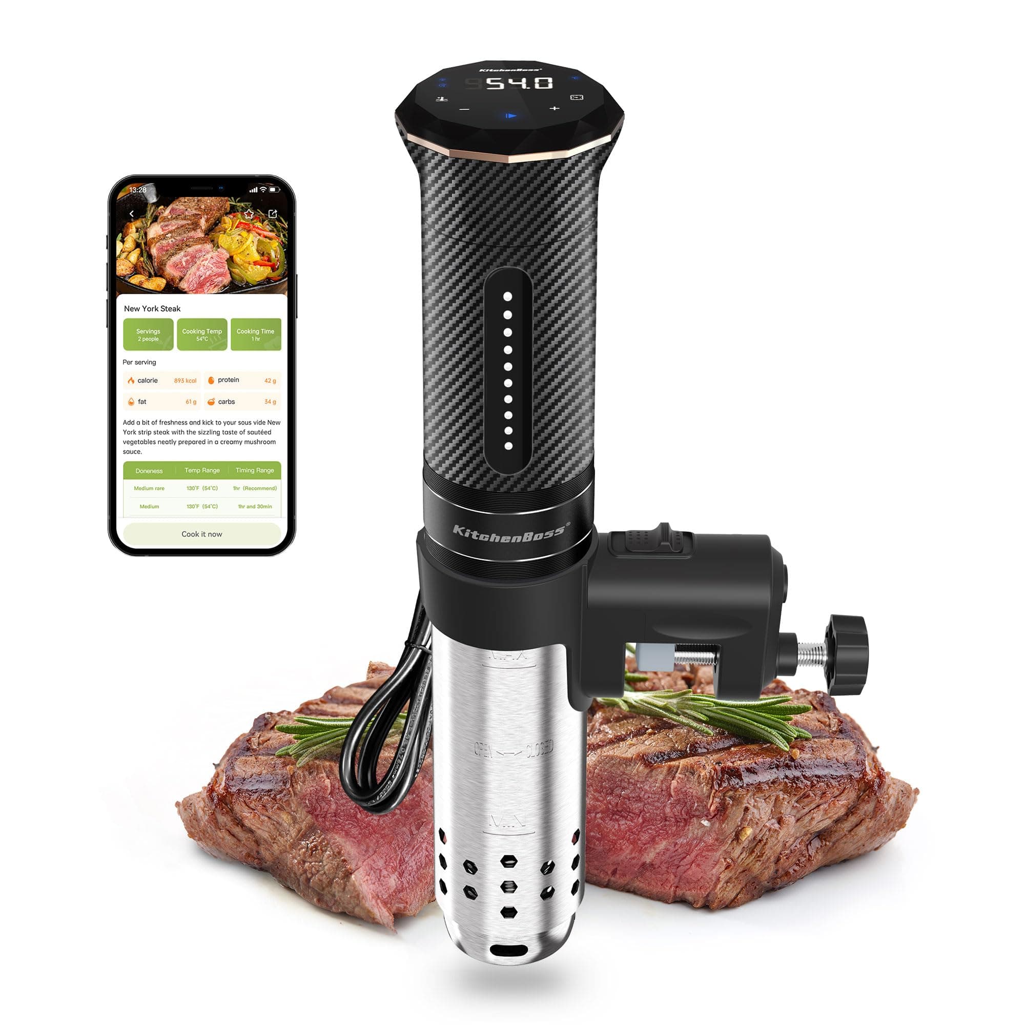 KitchenBoss WiFi Sous Vide Roner:Wi-Fi Roner Cucina a Bassa Temperatura con Controllo APP e Controllo Accurato Della Temperatura, LED Display, Ultra-Silenzioso, Impermeabilità IPX7, 1100W 40℃-90℃