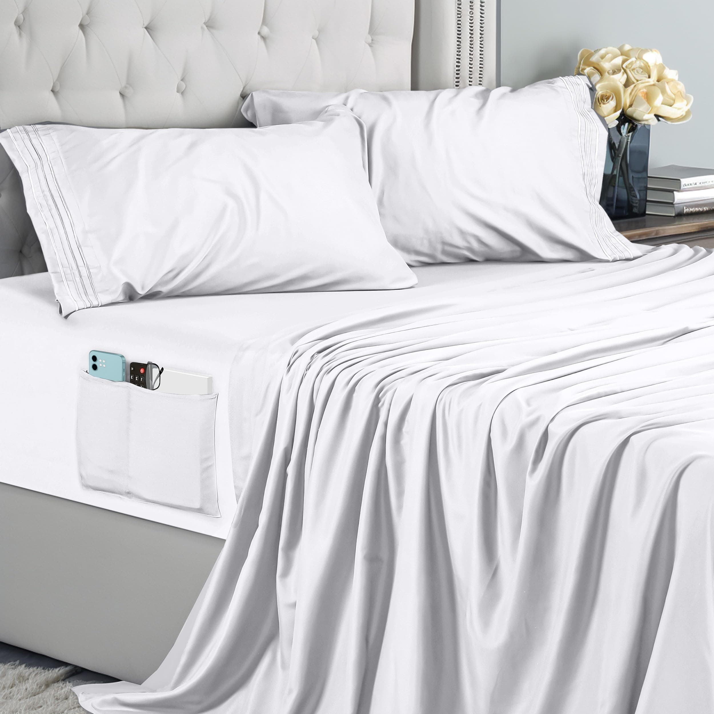 Utopia Bedding Juego de Sabanas 4 Piezas 135x190 - Microfibra De Poliéster, Sábana Bajera con Bolsillos de Almacenamiento, Sábana Plana Y 2 Fundas De Almohada Bordadas (Cama 135, Blanco)