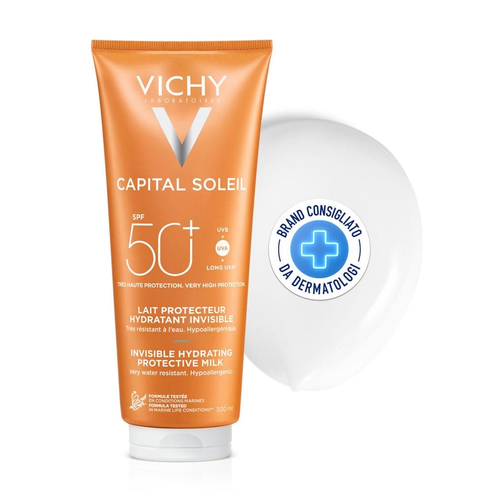 Vichy Capital Soleil, Latte Idratante Fresco Viso e Corpo SPF50+, Per Tutti i Tipi di Pelle, Massima Protezione da Raggi UVA e UVB, Pelle Idratata e Fortificata, Con Acqua Vulcanica di Vichy, 300 ml