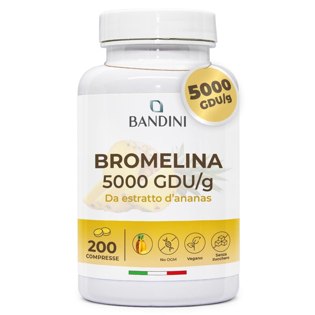 Bandini® Bromelina Forte 5000 GDU/g Gastroprotetta 200 Compresse, Enzima Digestivo, Estratto di Ananas, Bromelina Strong, Pura, Alto Dosaggio, Maggior Assorbimento, 100% Vegano
