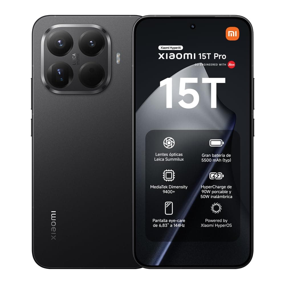 XIAOMI 15T Pro - Smartphone de 12+512GB, Lente óptica Leica Summilux, MediaTek Dimensity 9400+, Pantalla Eye Care de 6,83" 144 Hz, HyperCharge de 90W, Cargador no Incluido, Negro (Versión ES)