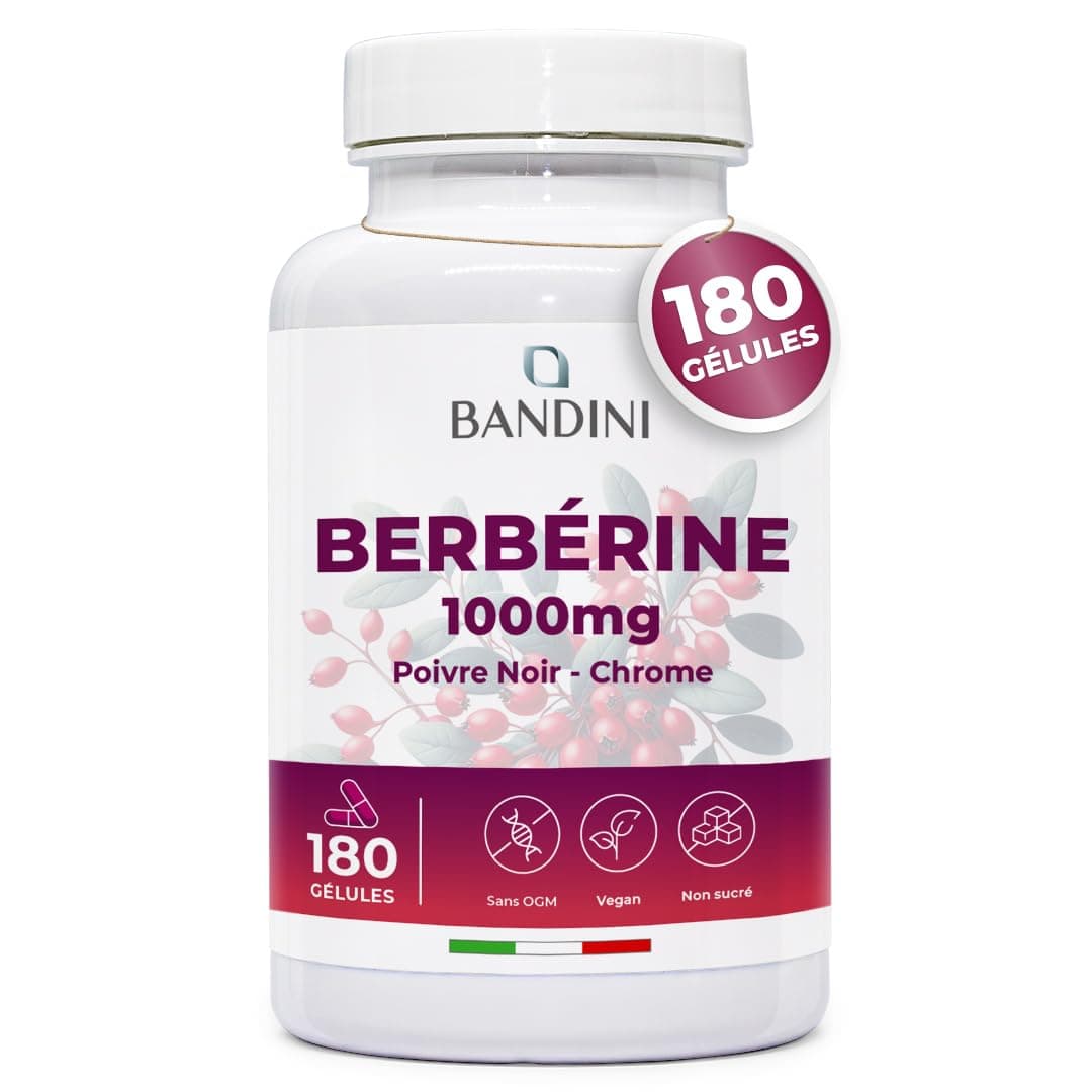 Bandini® Berbérine 1000 mg - 180 gélules pour 3 mois - Berberis Aristata avec Chrome et Poivre noir naturel - Haute absorption - Vegan et Sans Additifs - Extrait concentré de Racine Berberis Vulgaris