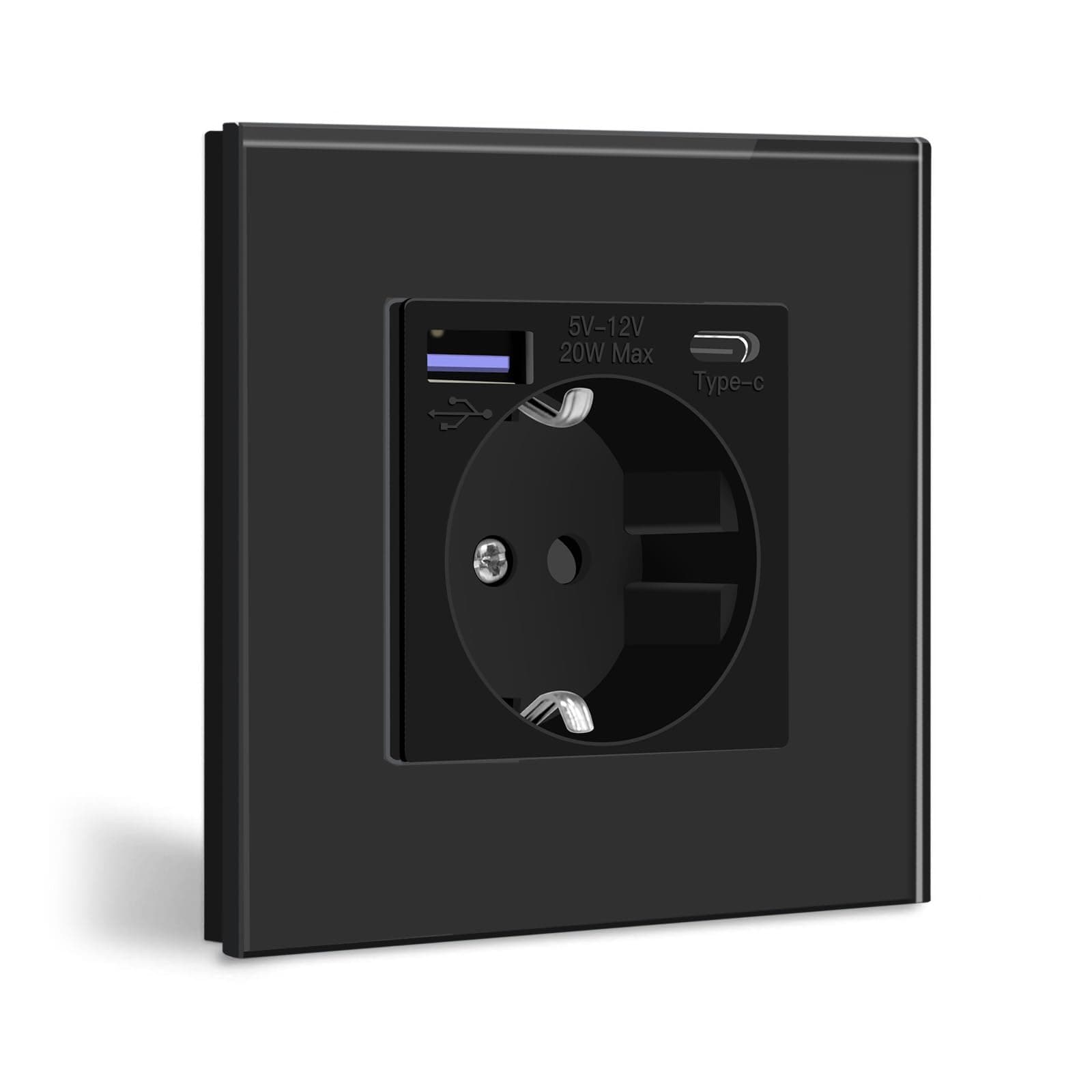 BSEED Enchufe de pared con USB C 20W,Negro Schuko Enchufe con Cargador rápido USB Tipo C,1 Gang toma de corriente con 2xcargadores USB y Typ C,Enchufe integrado Adecuado para iPhone,iPad,Galaxy y más