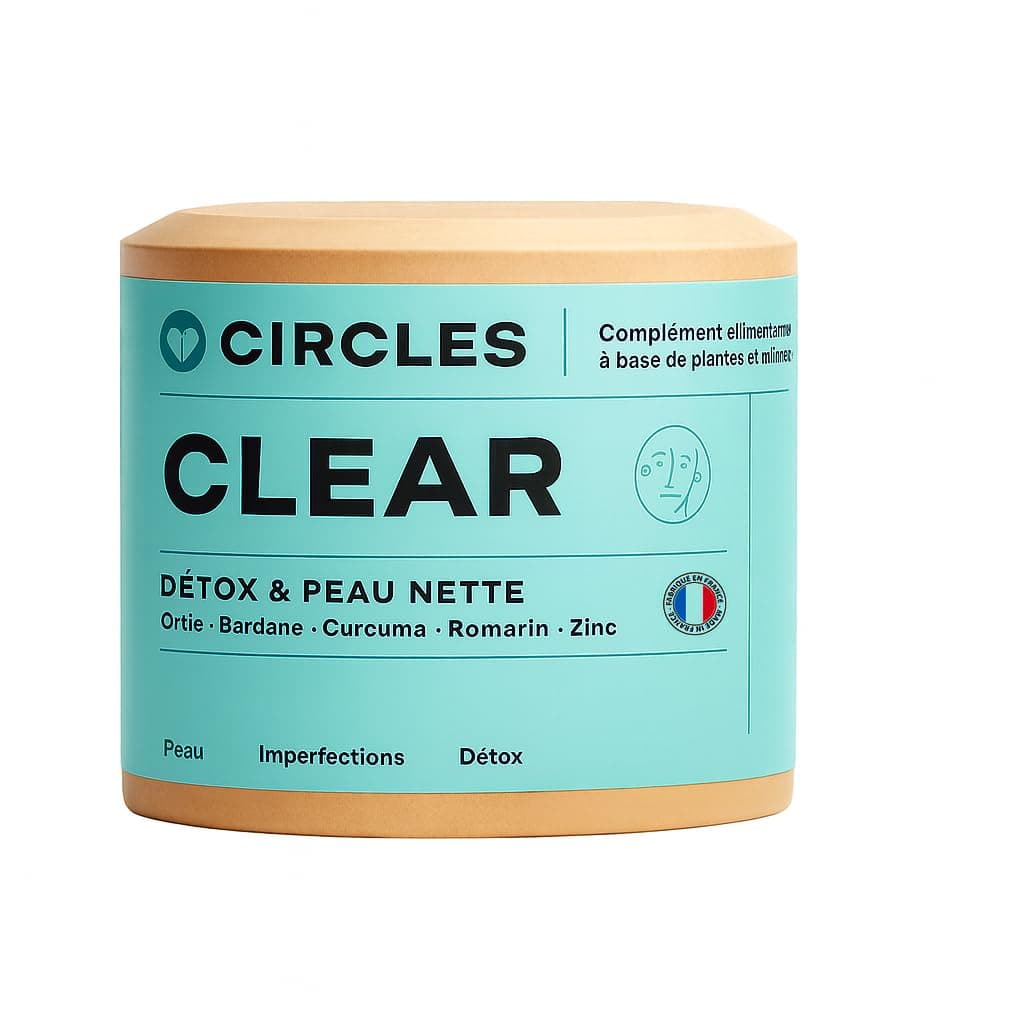 Circles CLEAR Peau, Cheveux, Ongles – Complément de Zinc + Bardane, Ortie, Romarin & Curcuma | Détox Peau & Équilibre Hormonal | Système Immunitaire | 60 Gélules Végan – 1 Mois