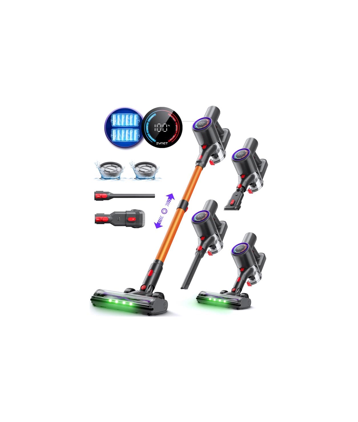 Zynet DP2 Aspiradora Sin Cable con Doble Batería, 45KPa/60Min/500W, Pantalla LED, Tubo Telescópico, Autónomo, Luz Verde, Aspiradora Escoba Sin Cable para Pelo de Mascotas/Alfombras/Suelos Duros