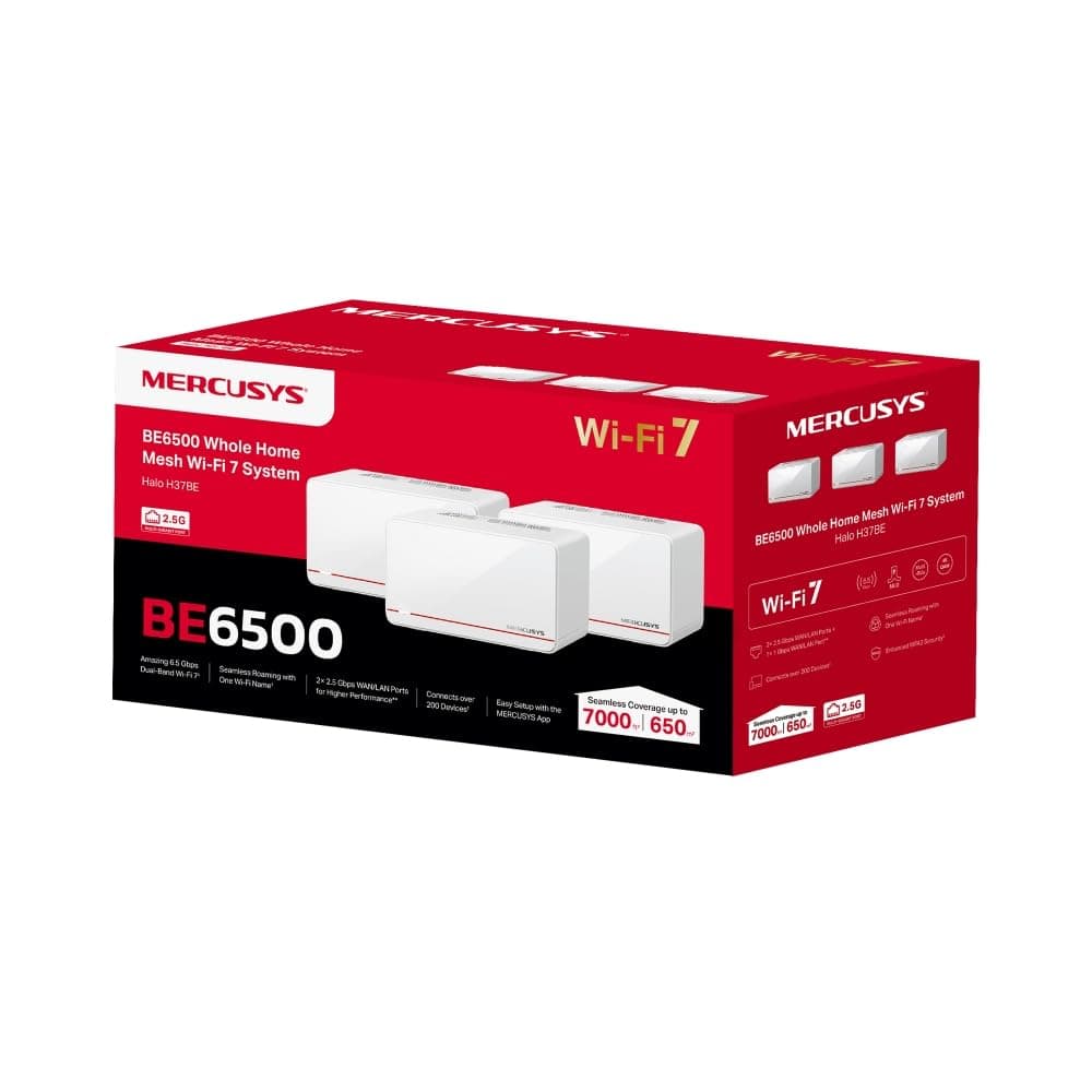 MERCUSYS Halo H37BE - Sistema Mesh Wi-Fi 7 3 Unidades – Cobertura hasta 650 m², Velocidad Dual-Band 6,5 Gbps, Puertos 2×2,5G + 1×1G, Soporte para más de 200 Dispositivos