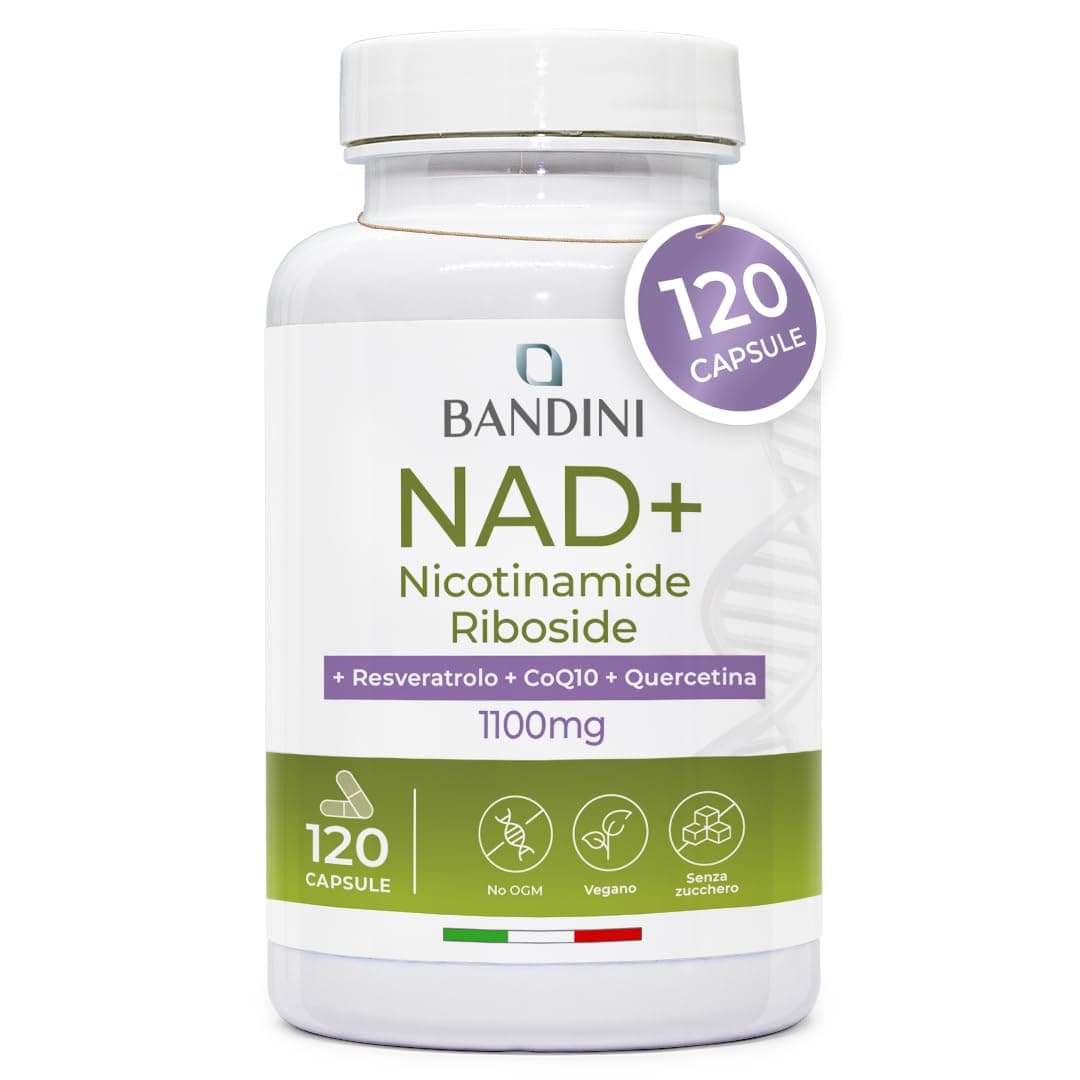 Bandini® NAD+ Liposomiale 120 Capsule Vegane | NAD con Nicotinamide Riboside Cloruro, Quercetina, Resveratrolo, Coenzima Q10 | 1100mg per dose giornaliera | Anti-Age, Energia Cellulare, No OGM, Vegan