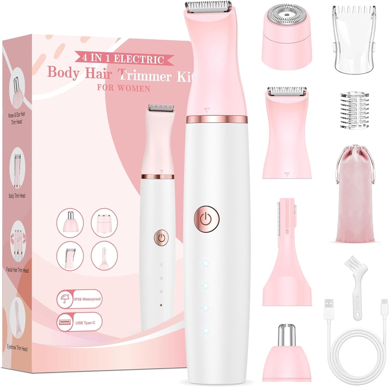 Rasuradora Mujer Zona Intima Afeitadora Mujer: 4 in 1 Recortadora Corporal Indoloro para Facial, Corporal, Pubis, Cejas, Nariz y Oreja Piernas y Axilas Uso en Seco y en Mojad Recargable