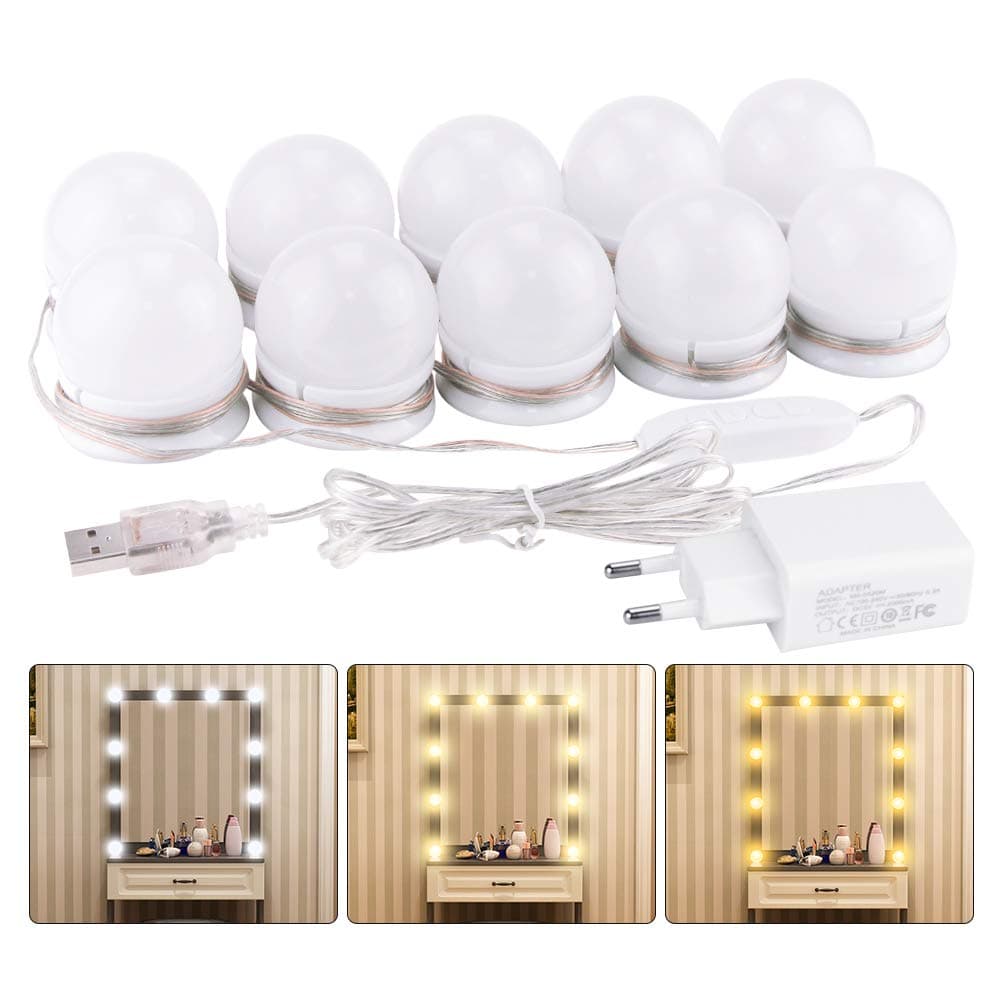 K KUMEED Lumière de Miroir, 10 Ampoules Luminaire Coiffeuse pour Chambre à Coucher, Cosmétique Salle de Bain, LED Coiffeuse Miroir Guirlande Lumineuse 3 Couleurs 10 Niveaux de Luminosité Adaptateur