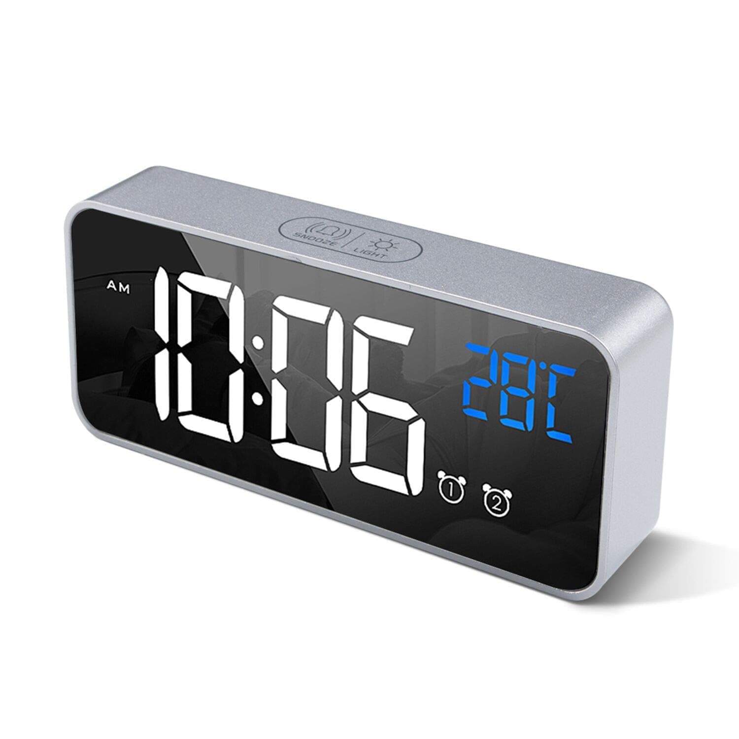 HOMVILLA Reloj Despertador Digital con Pantalla LED de Temperatura, Alarma de Espejo Portátil con Alarma Doble Tiempo de Repetición 4 Niveles de Brillo Regulable 10 Música Despertadores Digitales