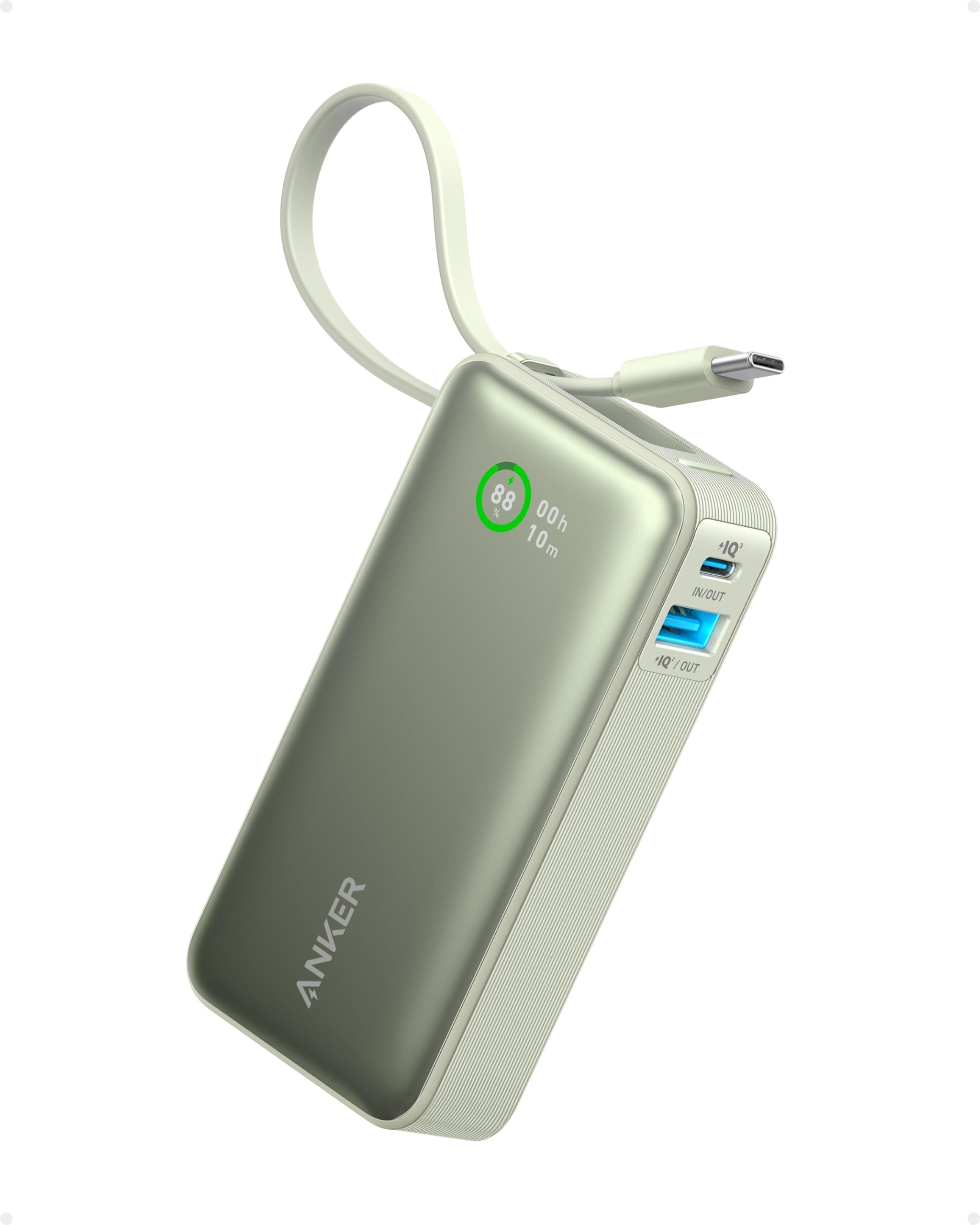 Anker Nano Powerbank,10.000mAh Powerbank mit eingebautem USB-C Kabel, PD 30W Höchstleistung mit 1x USB-C, 1x USB-A, kompatibel mit iPhone 17/16/15 Serie, MacBook, Galaxy, iPad, AirPods und mehr(Grün)