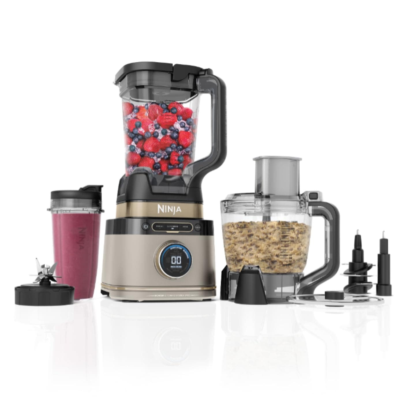 Ninja Detect Power Blender Processor Pro 3-en-1, mixeur 1200W, bol à mélanger, lame malaxeur, 3 gobelets individuels, récipient, pétrir, mixer, hacher et mélanger, stone or, TB401EUSTGD