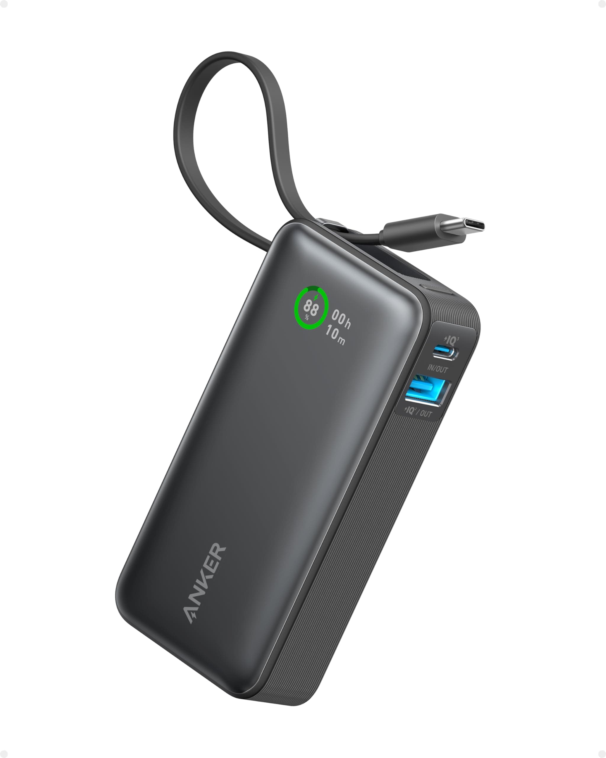 Anker Nano Powerbank, 10.000mAh Powerbank mit integriertem USB-C Kabel, PD 30W Höchstleistung mit 1xUSB-C, 1xUSB-A, Für iPhone 17/16/15/14, MacBook, Galaxy, iPad, AirPods und mehr (Schwarz)
