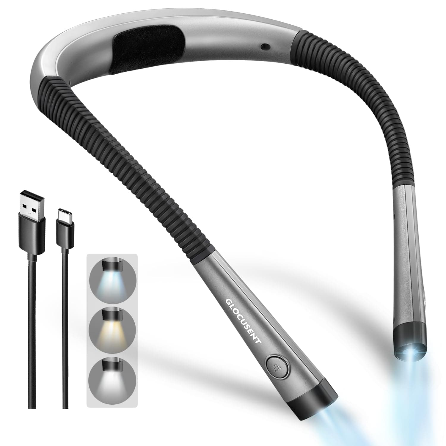 Glocusent Luz de Lectura, Lampara Libro de Lectura Recargable, 3 Colores, 6 Niveles de Iluminación, Brazos Flexibles, Larga Duración, Perfecto para Leer, Tejer, Acampar, Reparar