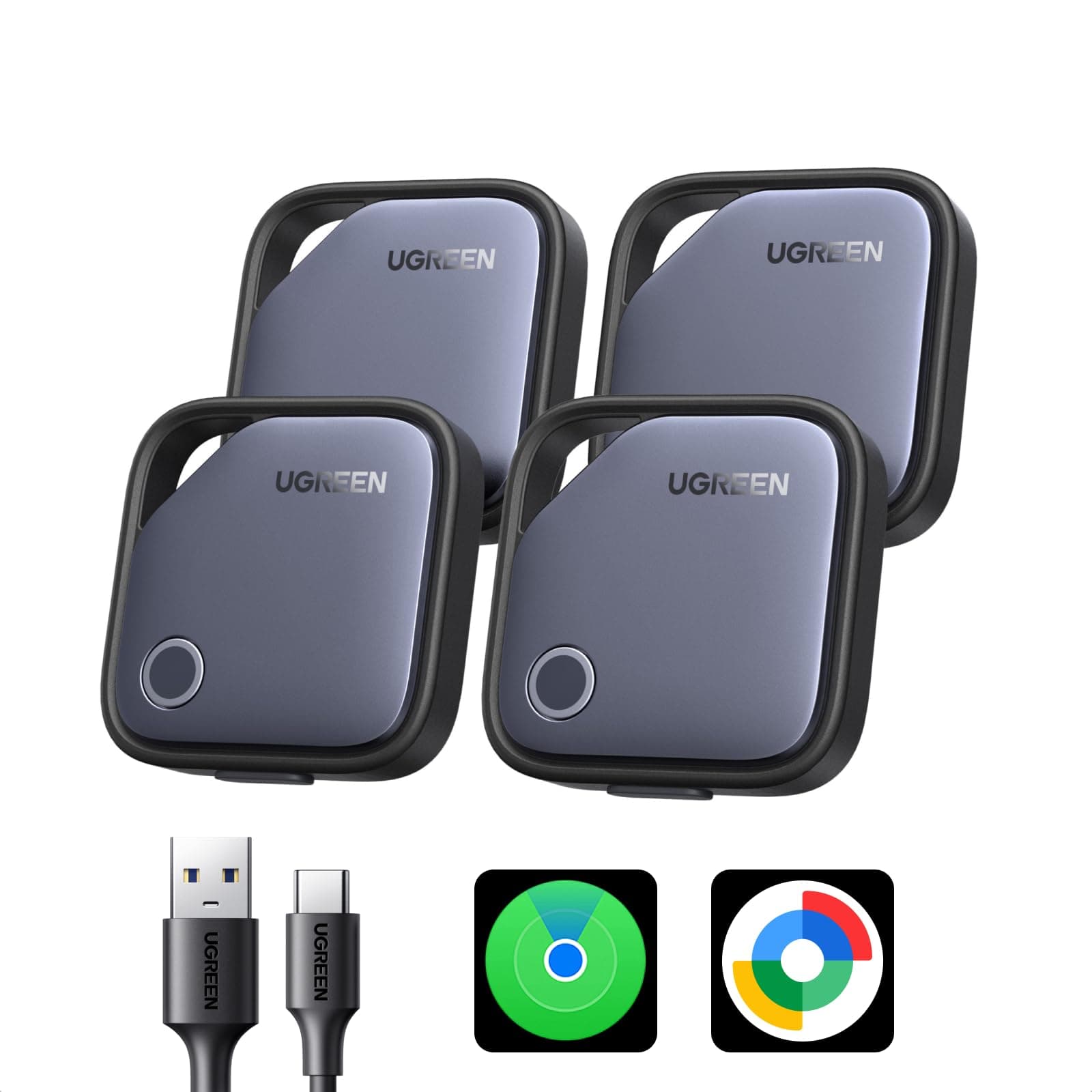 UGREEN FineTrack Duo Tag Traceur Fonctionne avec iOS Find My et Android Find Hub Recharge USB C Localisateur Objets Bluetooth pour Clés Valises Portefeuilles Wallet Sacs avec Câble USB C Lot de 4