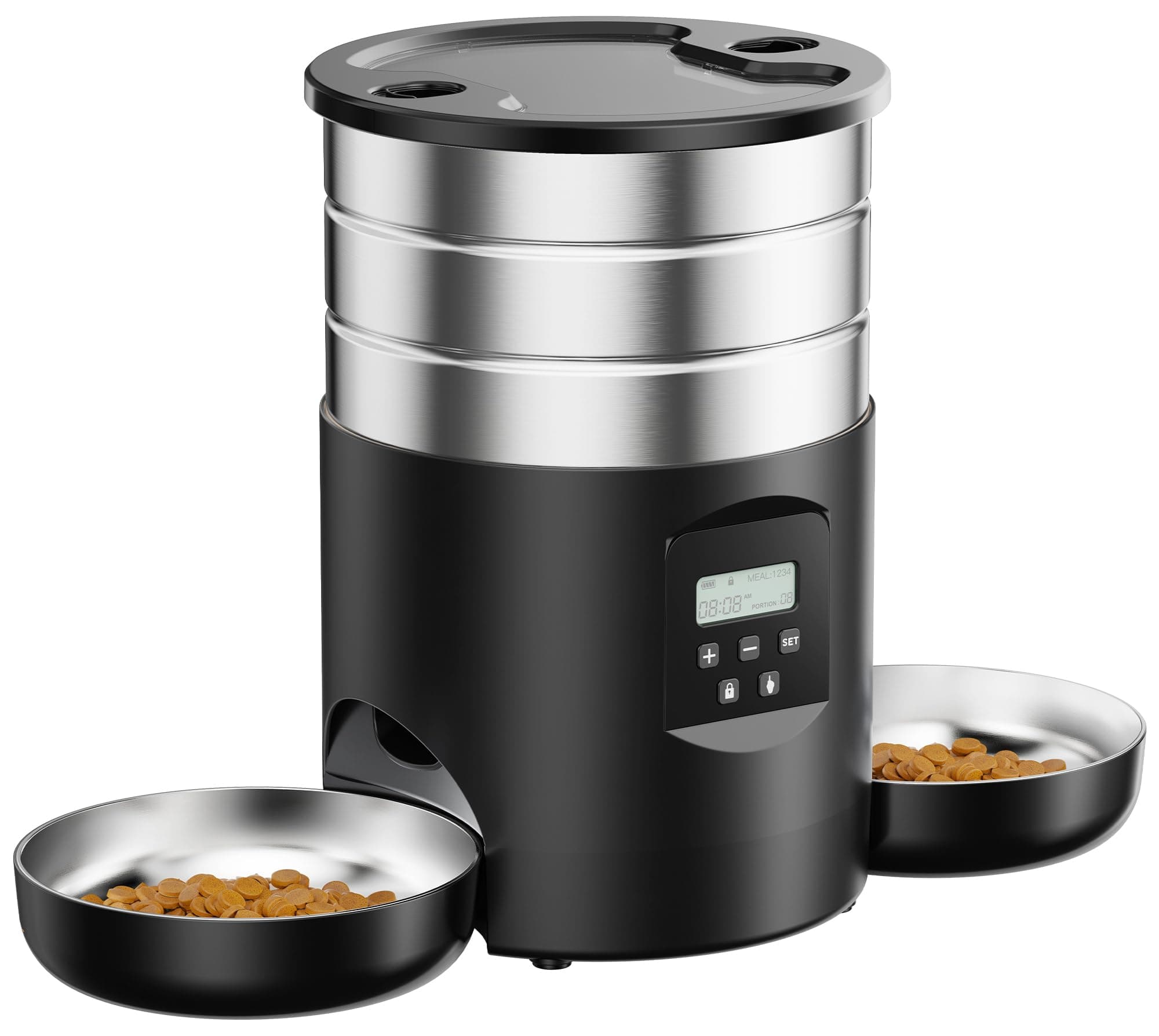 Distributeur Croquettes Chat Automatique Double: Inox Distributeur Croquettes Chien avec 2 Bols - Acier Inoxydable Gamelle Electronique pour Chat - 5L Mangeoire Programmable pour Petite/Moyenne Animau