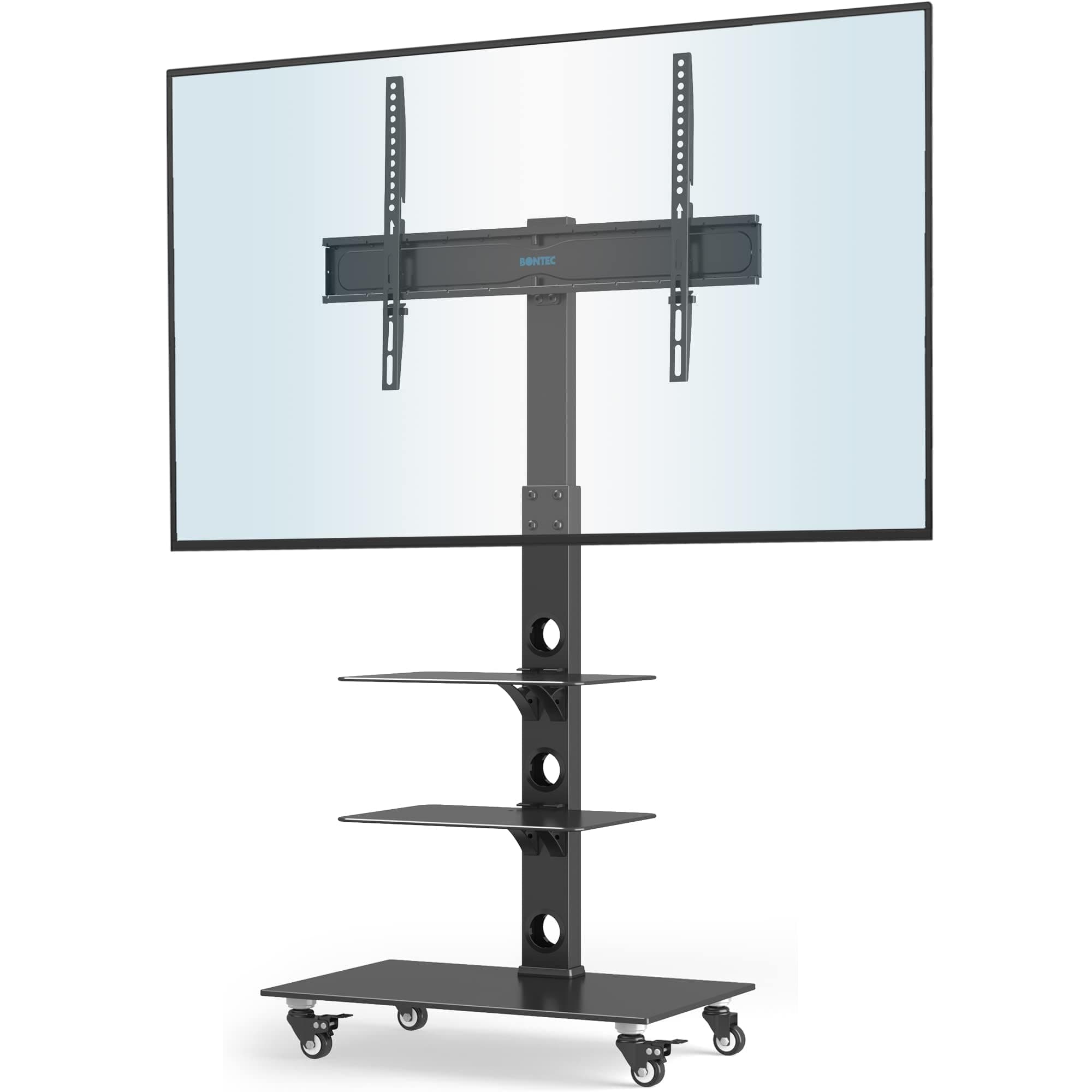 BONTEC Soporte TV Ruedas Móvil para 30-70 Pulgadas, Soporte TV Pie Altura Ajustable con 3 Estantes de Vidrio Templado, hasta 40 kg, Máx. VESA 600x400 mm, Gestión de Cables, para Salón Oficina Escuela
