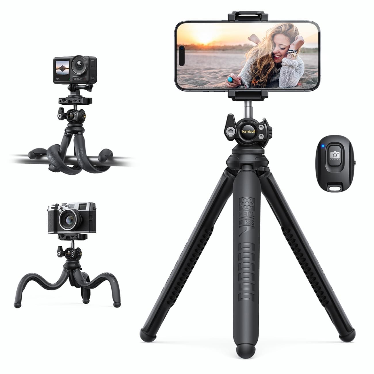 Lamicall Handy Stativ, Mini Stativ Halter - Flexible Handy Halterung Tripod für Smartphone & Kamera, 360° Pocket Tripod mit Kabellose Fernbedienung, Handystativ für iPhone 17/16/15, für GoPro, Samsung