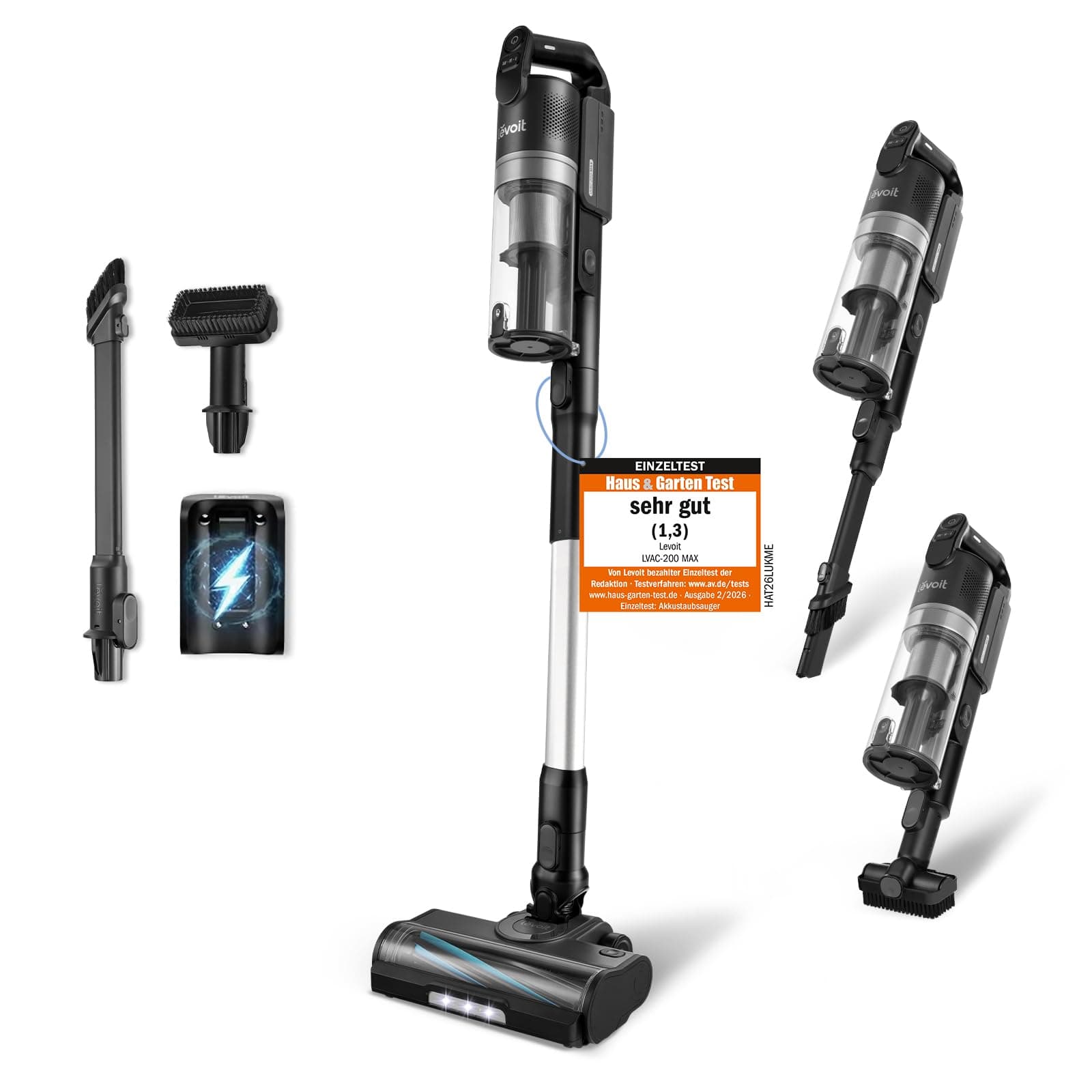 Levoit - Akku Staubsauger - Laufzeit für 100㎡ - Staubsauger Kabellos - Vacuum Cleaner - 99,99 Prozent HEPA-Filter - Selbststehend - Anti Tangle - Für Tierhaare/Teppich/Hartböden/Auto - LVAC-200 MAX