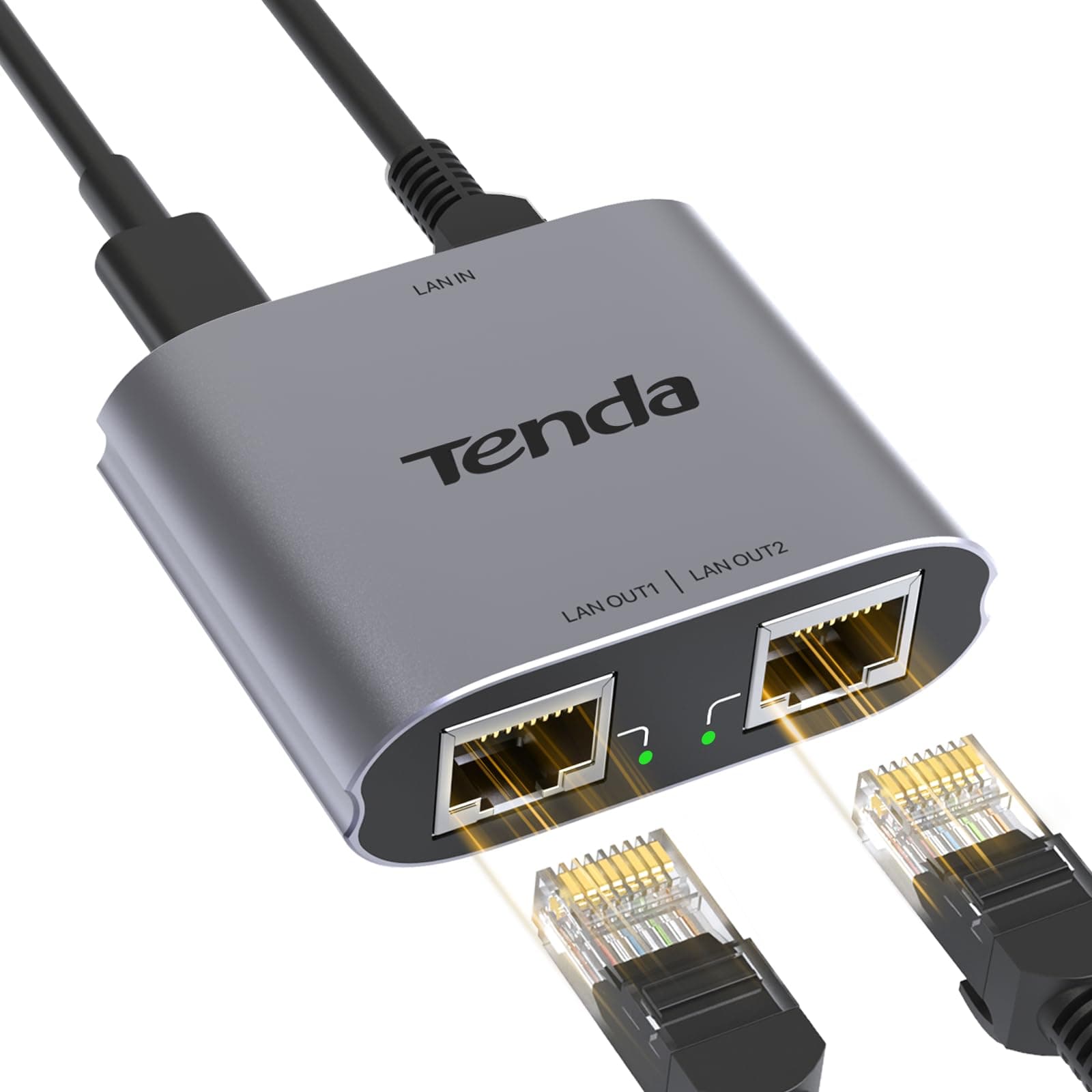 Tenda LAN Splitter 1 auf 2, Gigabit LAN Switch 2 Port Ethernet Splitter LAN Verteiler mit USB-Stromkabel (IGMP-Snooping, QoS, Aluminiumgehäuse, LAN Hub für Router, Computer, Drucker, TV)(SG103M)