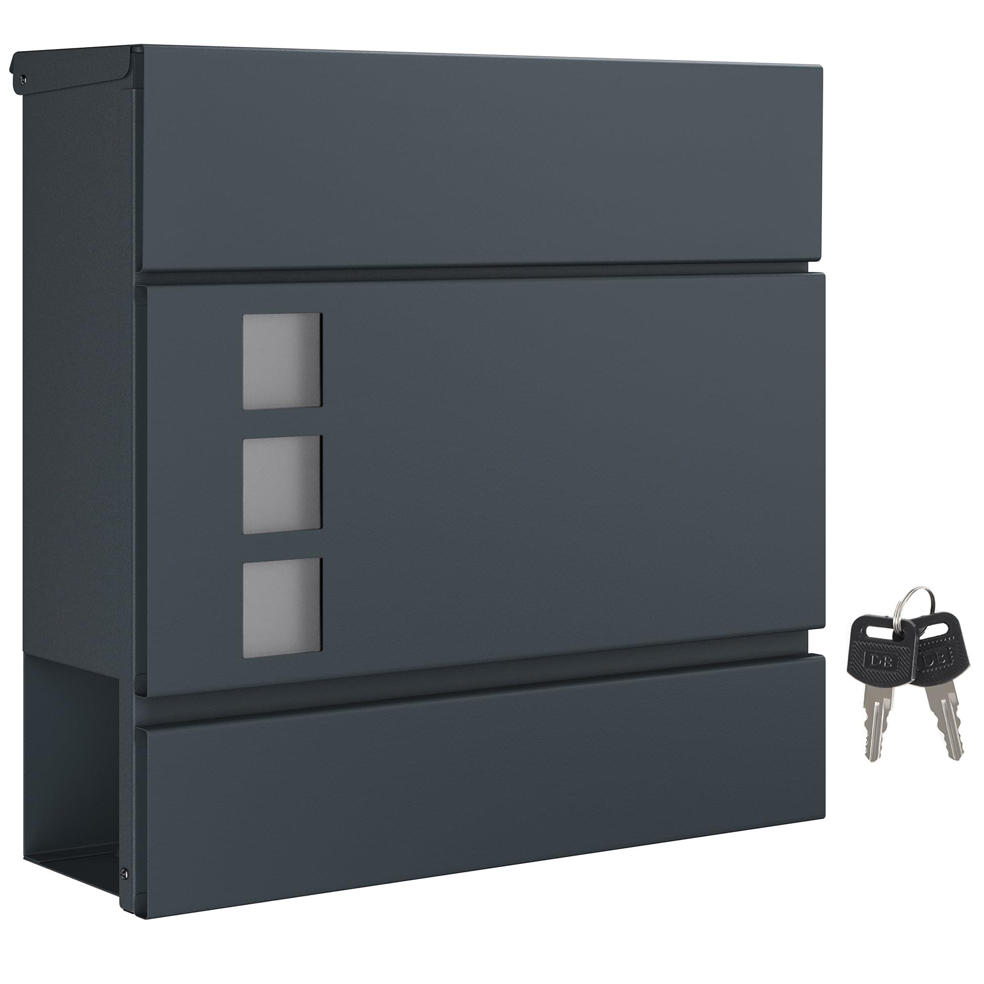 SONGMICS XXL Briefkasten, Postkasten mit Zeitungsfach, 10,5 x 37 x 37 cm, Aufkleber gegen unerwünschte Werbung, Sichtfenster, abschließbar, 2 Schlüssel, modern, einfache Montage, anthrazit GMB052G01