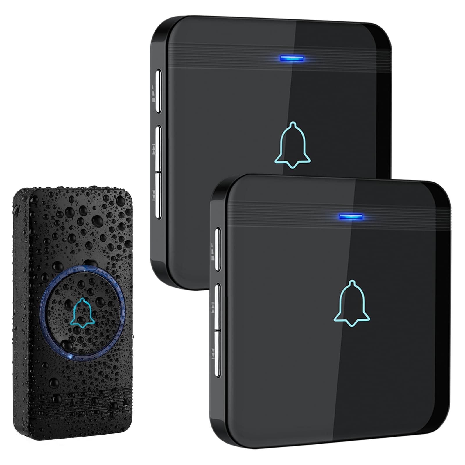 AVANTEK Sonnette sans Fil, Bouton de Sonnette, Carillon de Porte étanche IP55 avec 2 récepteurs enfichables, Flash LED, 5 Niveaux de Volume, 52 mélodies, portée de Fonctionnement de 400 m, Noir