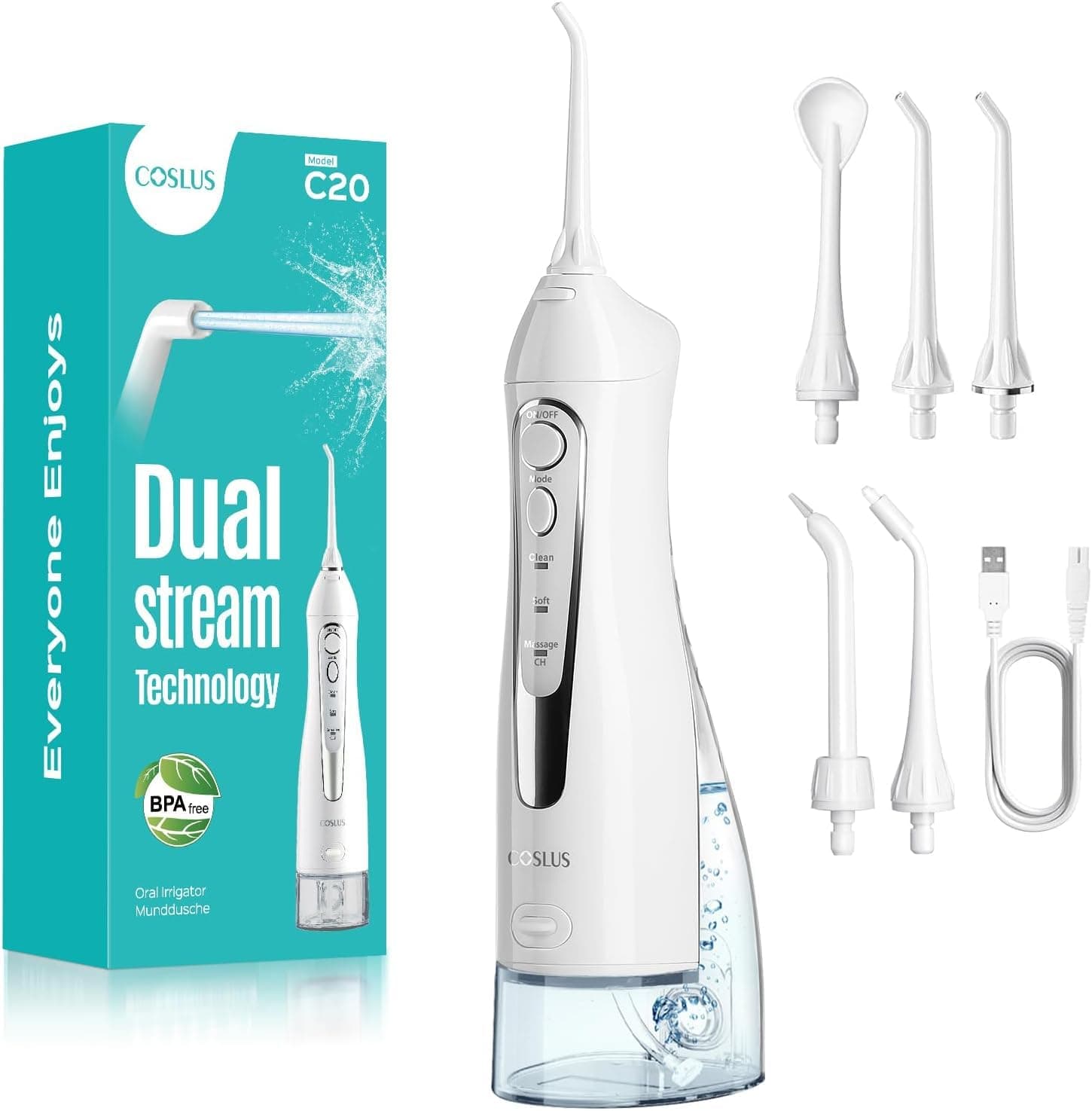 COSLUS C20 Idropulsore Dentale Portatile Senza Fili, 300 ML Irrigatore Idropulsore Ricaricabile Impermeabile IPX7 Foppio Flusso Water Orale Flosser Pulizia Denti Ideale per Viaggi a Casa