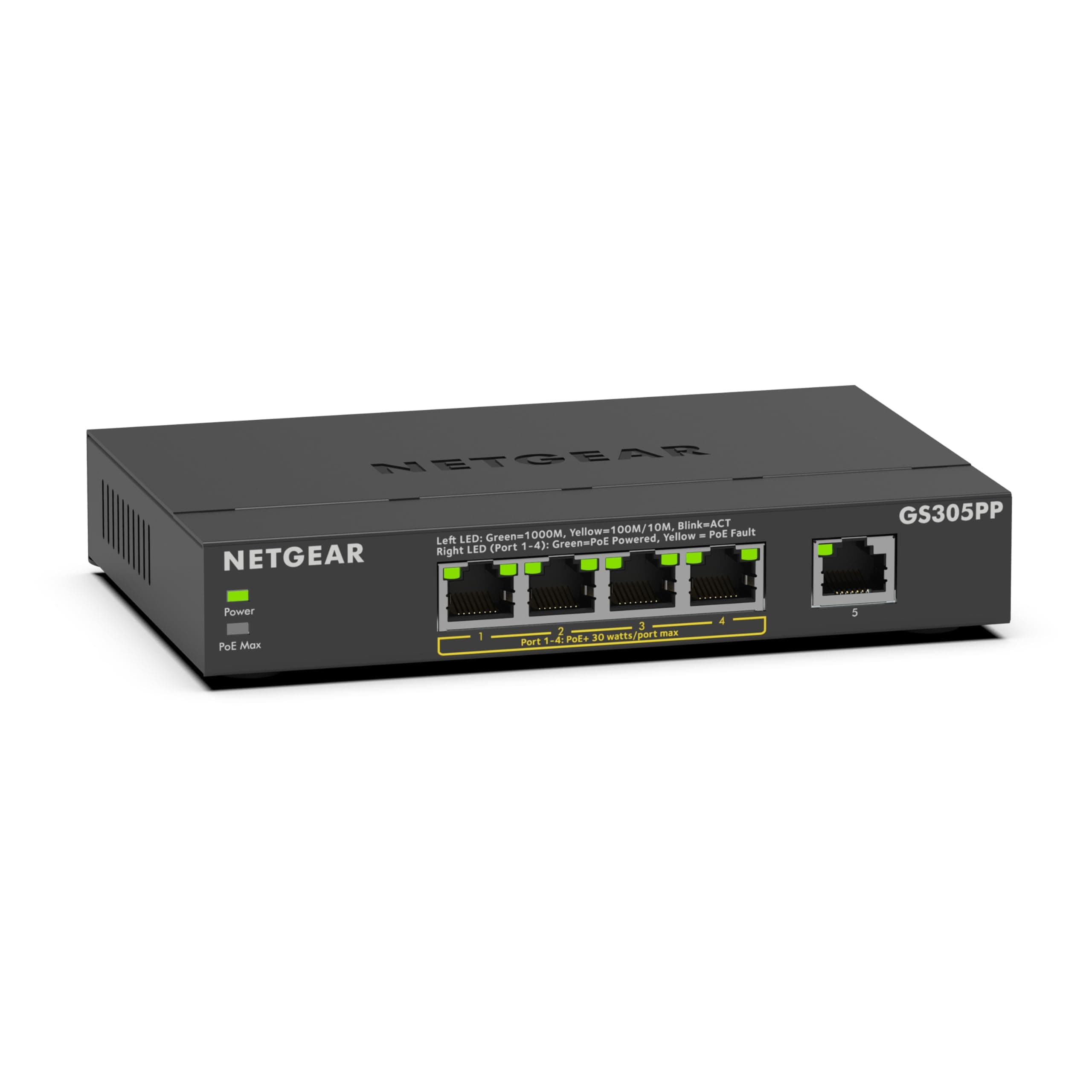 NETGEAR 5-Port Gigabit Ethernet Unmanaged PoE+ Switch (GS305PP): mit 4 PoE+ bei 83 W, Desktop- oder Wandbefestigung