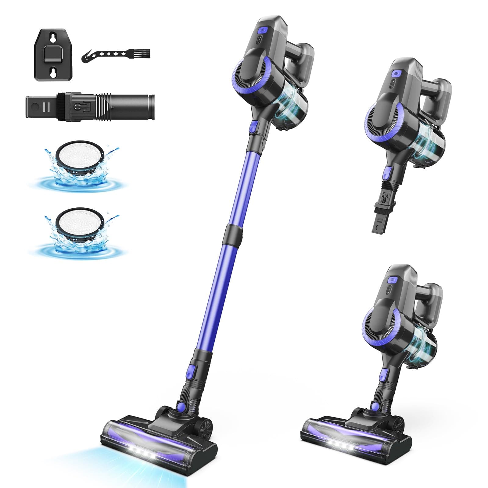 Aspirateur Balai sans Fil, 6 en 1 Aspirateur sans fil, Aspirateur Puissant Autonomie 55Min & 2 Vitesses, Brosse Anti-Enmêlement,Aspirateur Balai sans Sac pour Les Poils d'animaux,Tapis,Canapé,Voiture