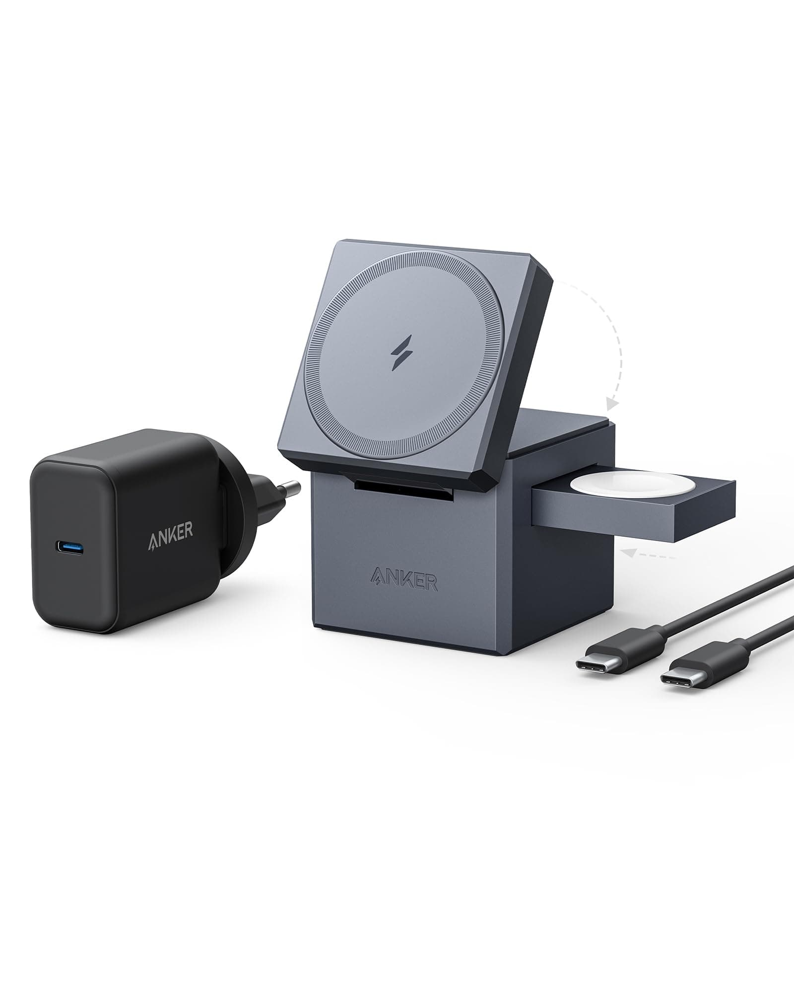 Anker 3-in-1 Cube mit MagSafe Ladestation, 15W Wireless iPhone Charger, Induktive Ladestation für Apple Watch und iPhone 17/16/15/14/13/12, AirPods Pro/3/2 (Inklusive 30W Ladegerät)