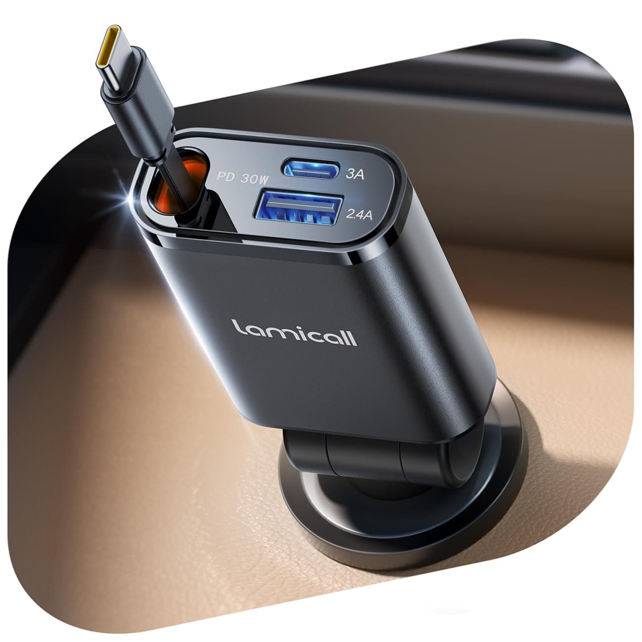Lamicall 3 IN 1 Zigarettenanzünder USB C Auto Ladegerät -【2026 Super Kompakt】50W USB Adapter Auto Schnellladegerät mit einziehbare Typ-C Kabel/USB C/USB A, 24/12V KFZ Ladegerät Auto für iPhone/Samsung
