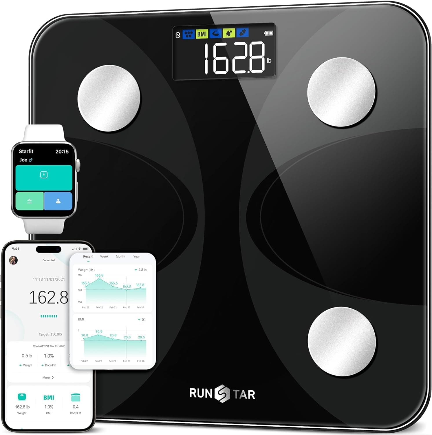 Runstar Báscula de Baño Digital Inteligente con App - Análisis de 13 Composición Corporal (Grasa, Músculo, IMC, Agua) y Alta Precisión hasta 180kg para Hombres y Mujeres
