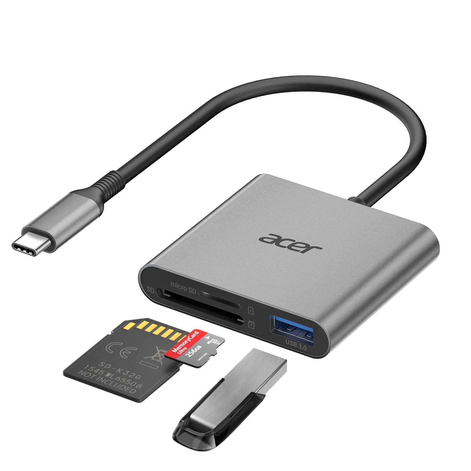 acer USB C SD Kartenleser mit Typ-A 3.0, USB-C Card Reader Aluminium Kartenlesegerät Typ C Micro SD Speicherkartenleser Adapter für iPhone 17 16 15 Serie,Galaxy S24,iPad MacBook Pro,Surface Pro usw.