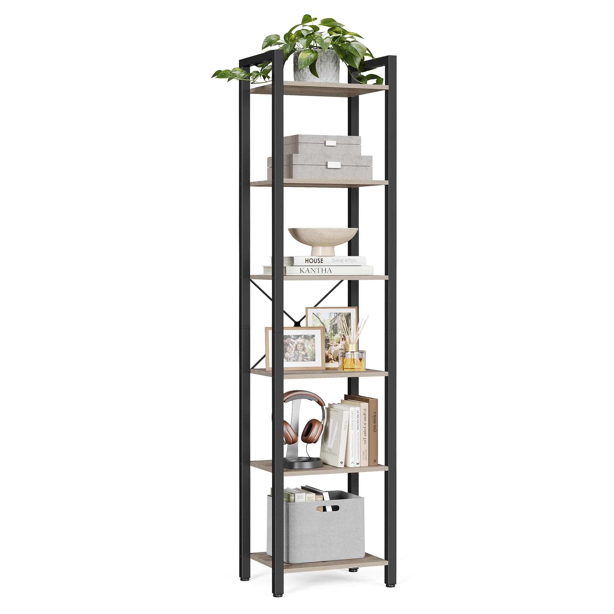 VASAGLE Regal, Bücherregal, Standregal, DVD-Regal, mit 6 Ebenen, Büroregal, offene Ablagen, für Büro, Wohnzimmer, Schlafzimmer, Küche, 30 x 40 x 186 cm, greige meliert-tintenschwarz LLS101B02