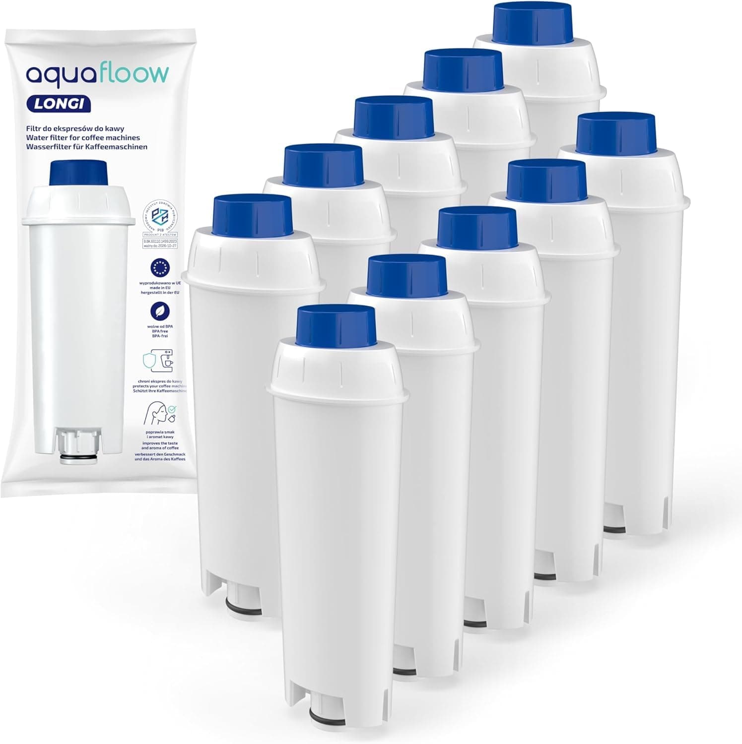 Aquafloow Wasserfilter Kaffeevollautomat für DeLonghi DLSC002 Kompatibel mit DeLonghi® Magnifica® S, Eletta® Explorer, Dinamica® PrimaDonna® und ECAM-Serie Kaffeemaschinen und Espressomaschinen (10x)