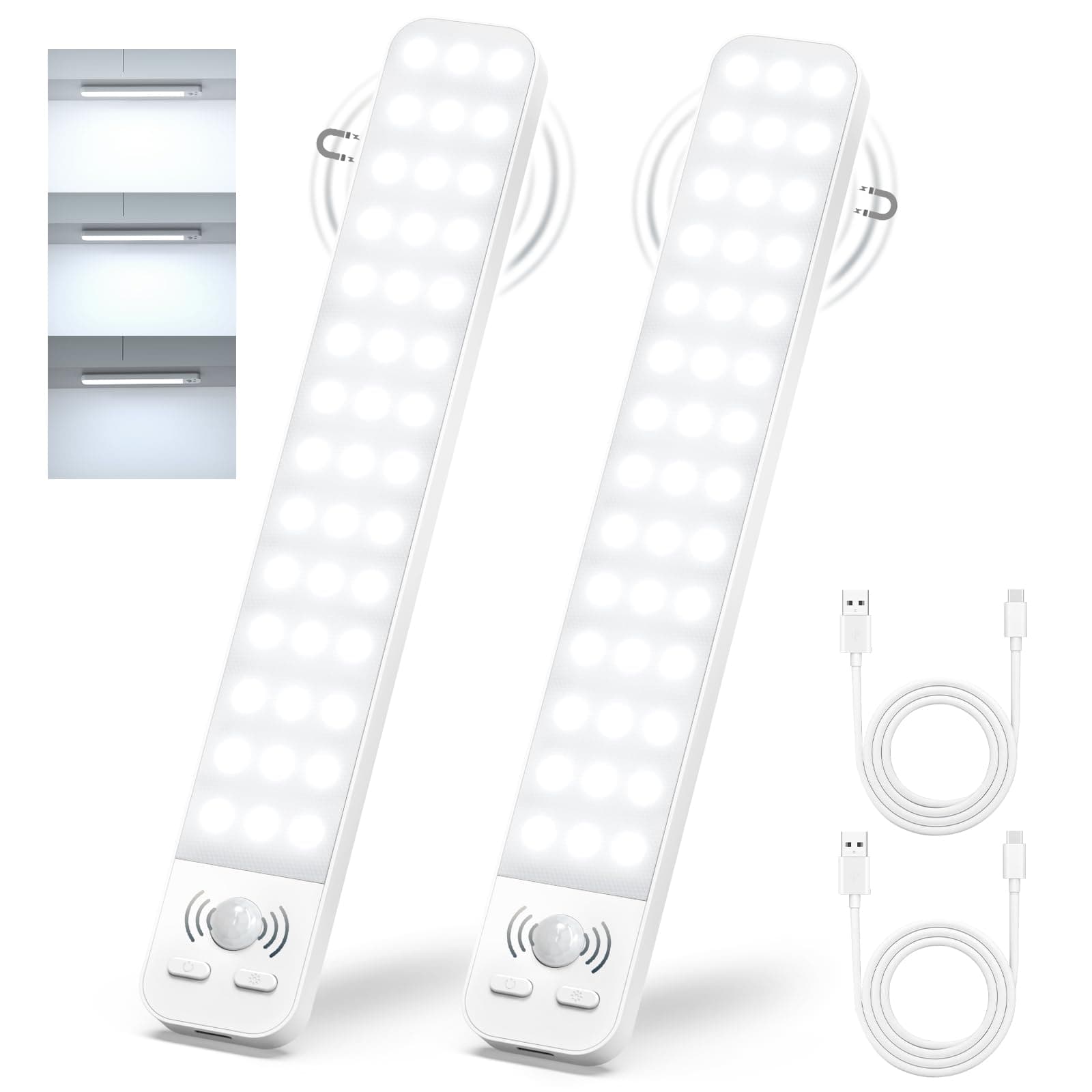 Luce Armadio LED con Sensore Movimento, 3 Modalità Dimmerabile Luci Armadio, 2000 mAh Luce LED Ricaricabile Senza Fili, Magnetica Sottopensile Cucina Led Lampada per Armadio Scale Camera Corridoio
