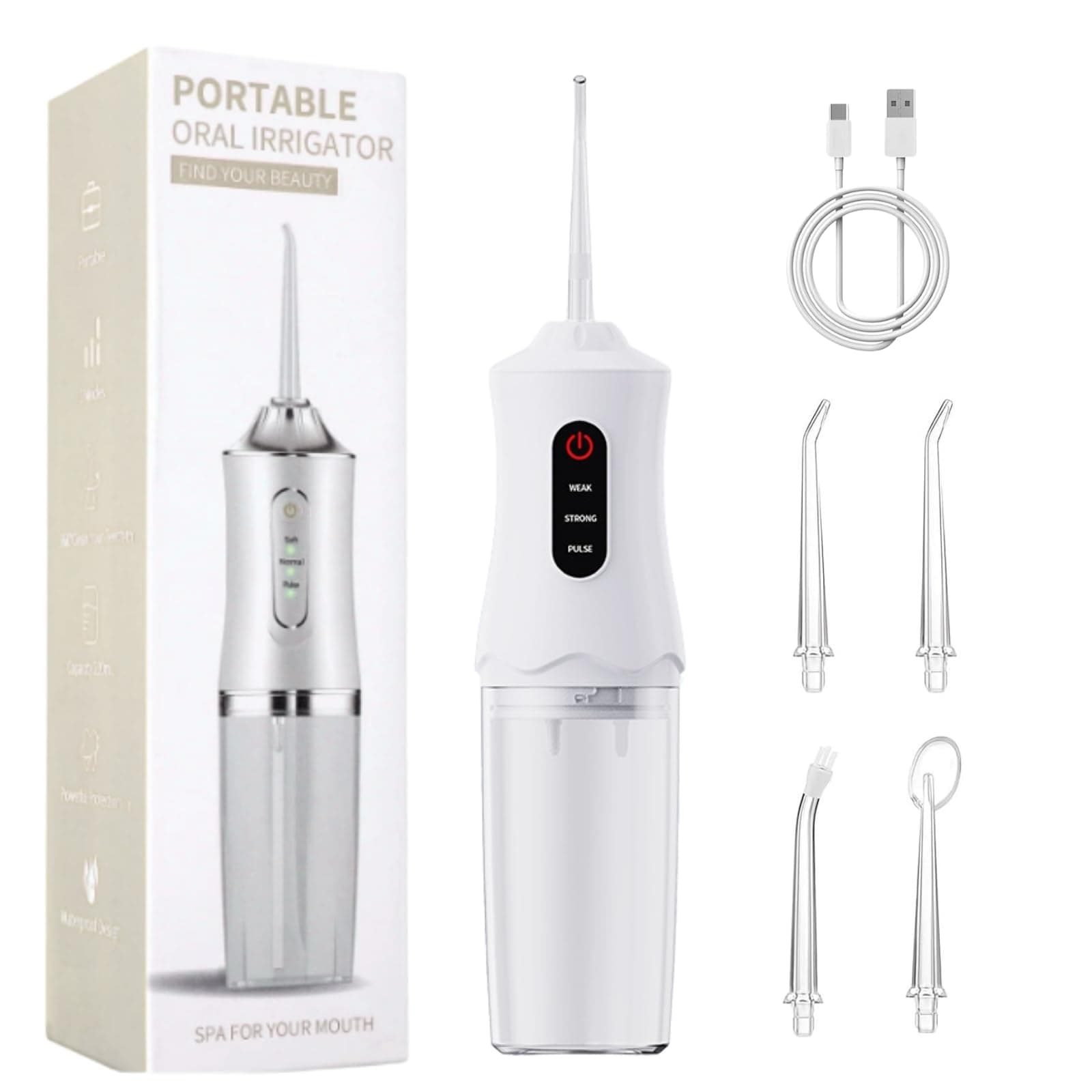 Idropulsore Dentale Portatile Idrogetto per Pulizia Denti Tartaro Irrigatore Orale, Water Flosser con 4 Düsen 1 Ladekabel