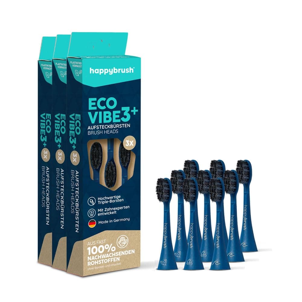 happybrush Aufsteckbürsten 9 Stück (3x3) für elektrische Schallzahnbürste VIBE 3 | Wechselköpfe mit Icons zur Unterscheidung | Original Ersatzbürsten mit abgerundeten Borsten(Blau/Ocean)
